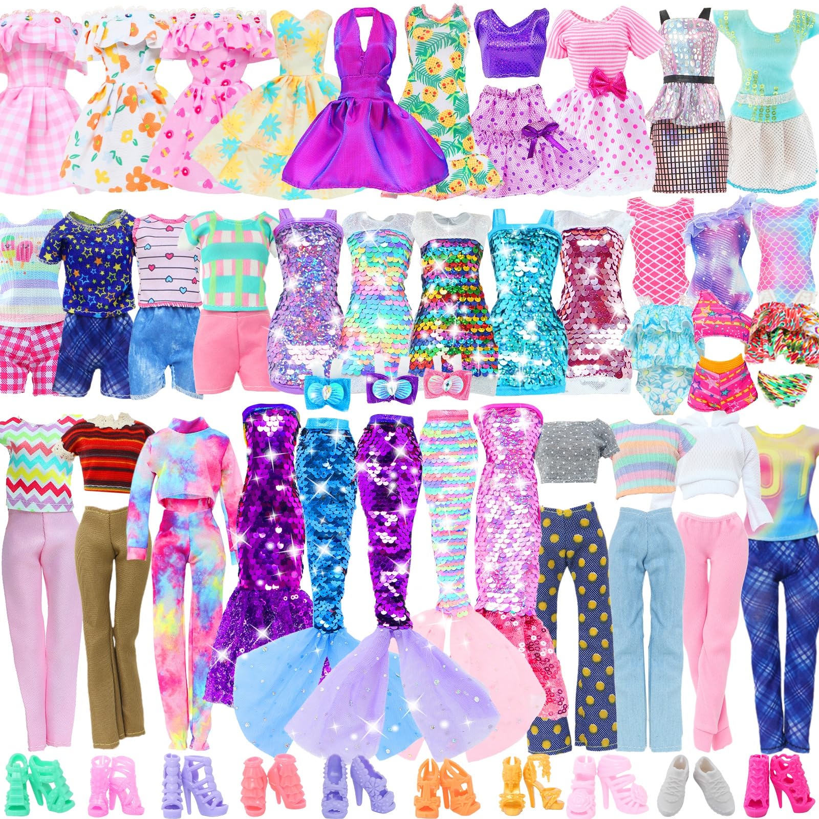20pcs Doll Clothes and Accessories Including Random 10 Outfits Fashion Sequin Dresses Tops Bottoms Pants Short Skirt Swimsuit Bikini and Random 10