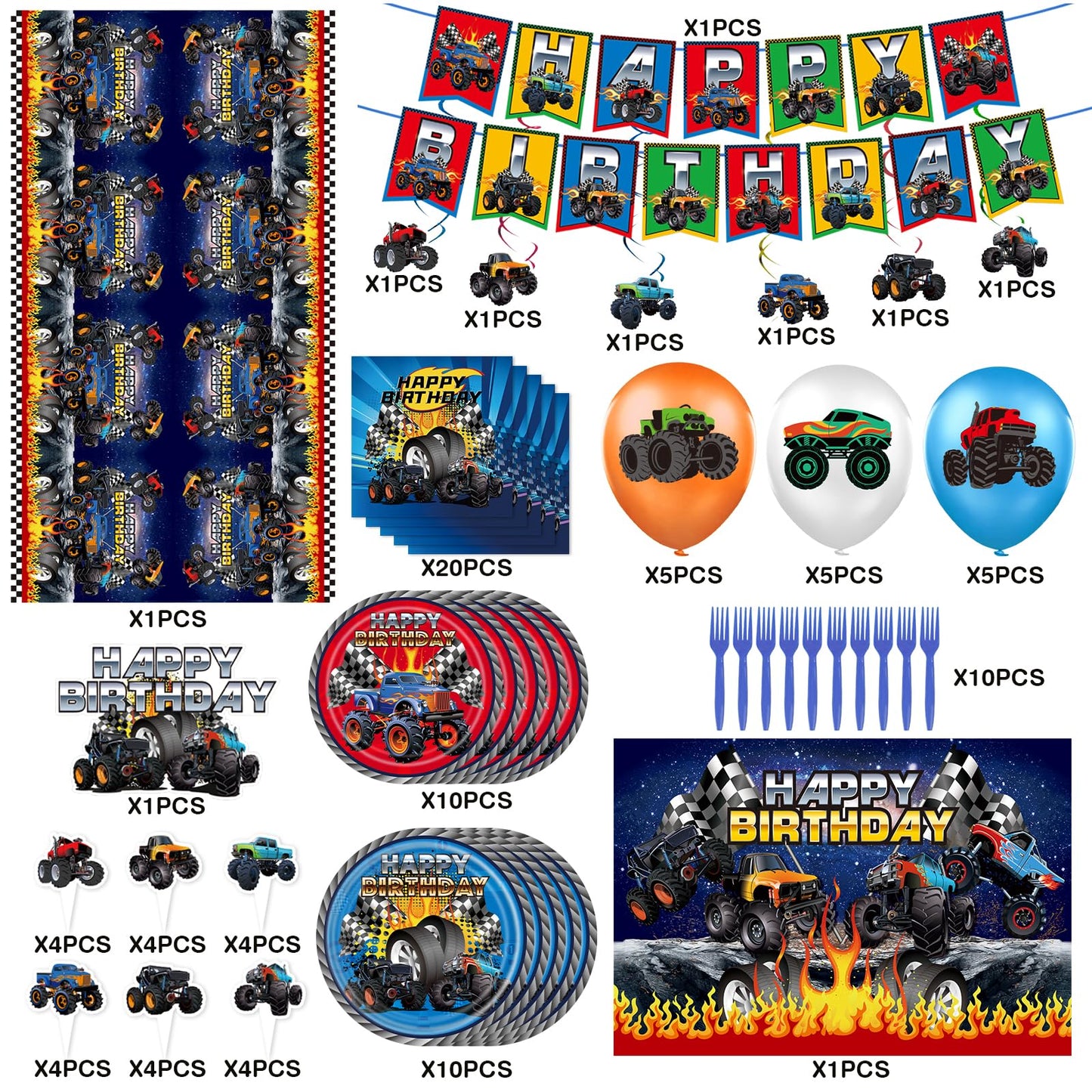 99Pcs Truck Birthday Party Supplies, Truck Theme Decorations&Tableware Set, Include Happy Birthday Banner, Hanging Swirls, Backdrop, Balloons, Cake