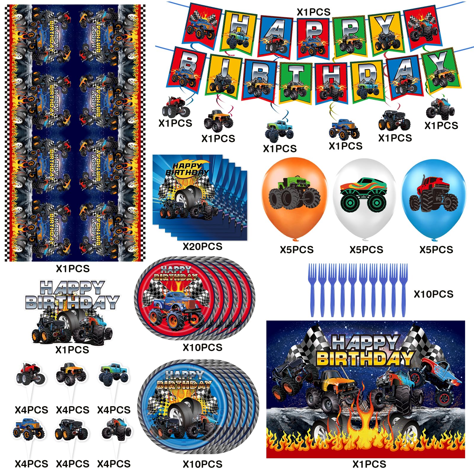 99Pcs Truck Birthday Party Supplies, Truck Theme Decorations&Tableware Set, Include Happy Birthday Banner, Hanging Swirls, Backdrop, Balloons, Cake