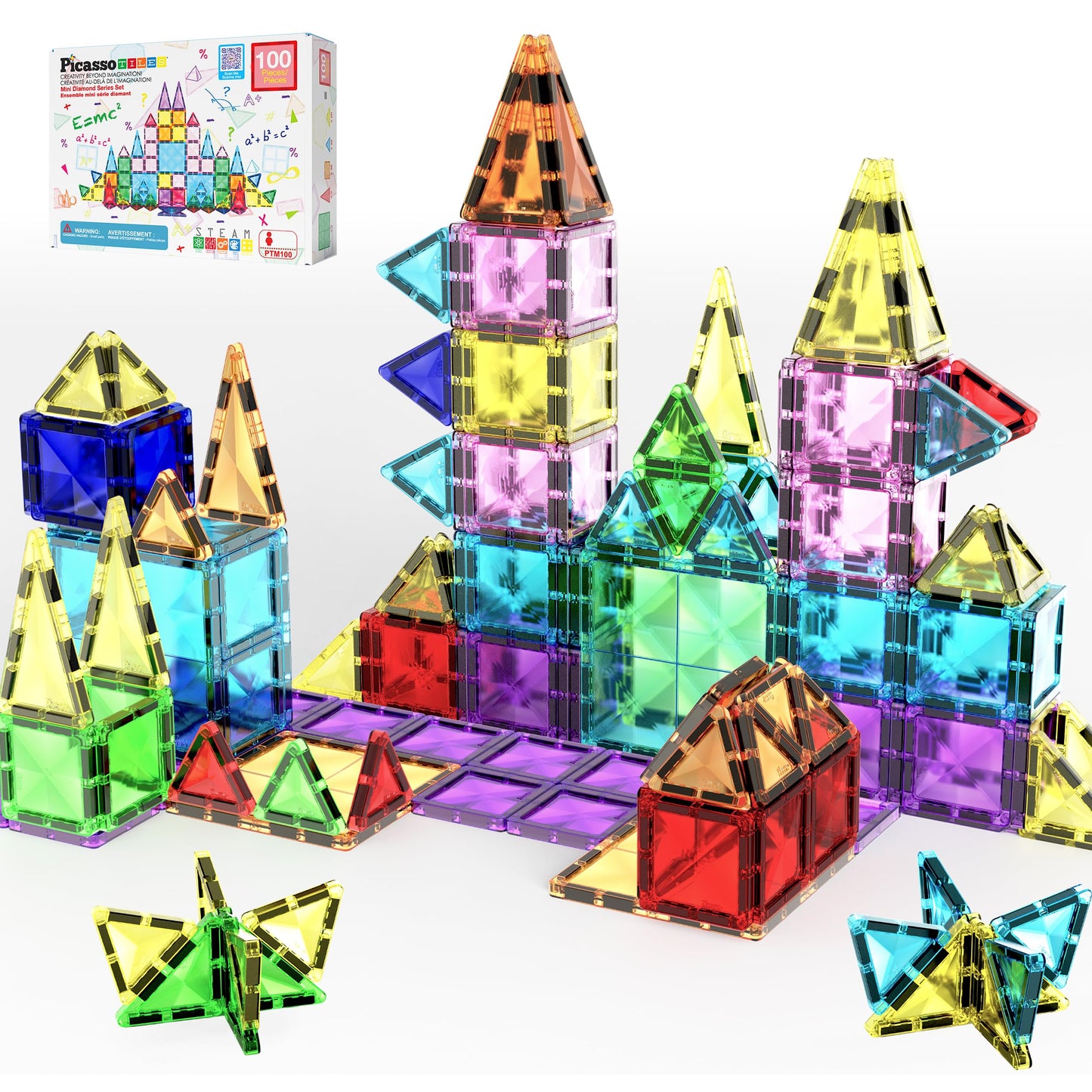 PicassoTiles 100pc Magnetic Tile Mini Diamond Set Travel Size STEM Educational Building Kit for Toddlers Preschool Boys Girls Age 3 Plus Montessori