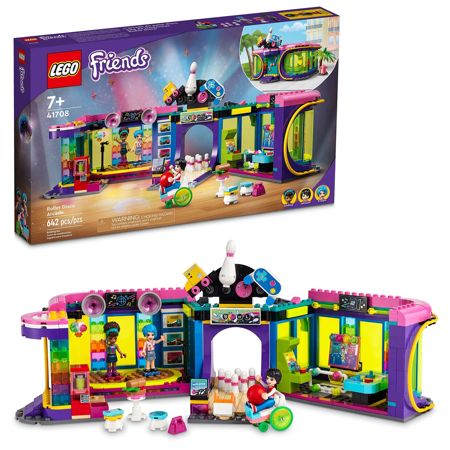 LEGO Friends Roller Disco Arcade Set 41708, Toy Bowling Game, Andrea Mini-Doll Included, Birthday Present Idea for Kids, Girls and Boys 7+, Fun