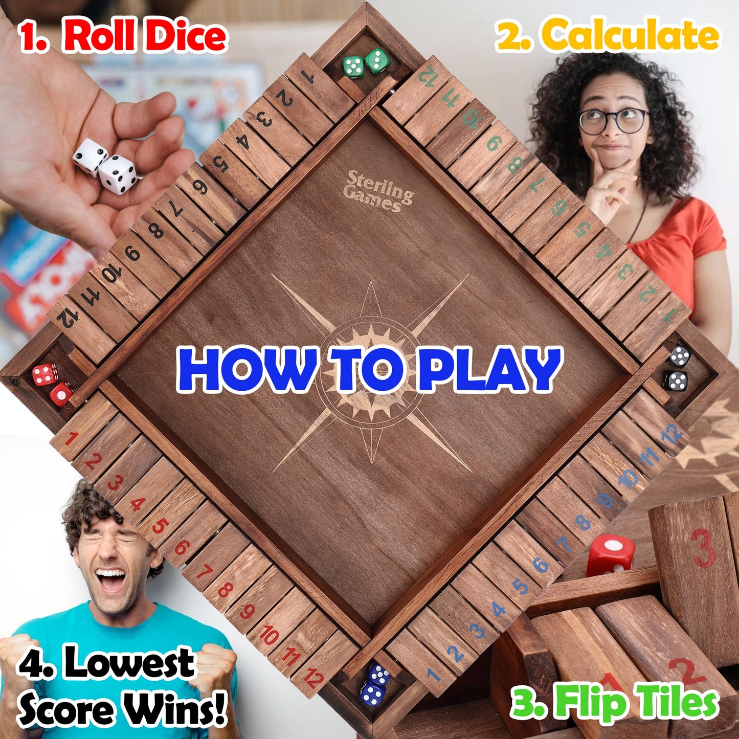 Sterling Games 12 Inches Shut The Box Game for 4 Players, Family Dice Game with 12 Numbers Box, Nautical Themed Large Wooden Game Board