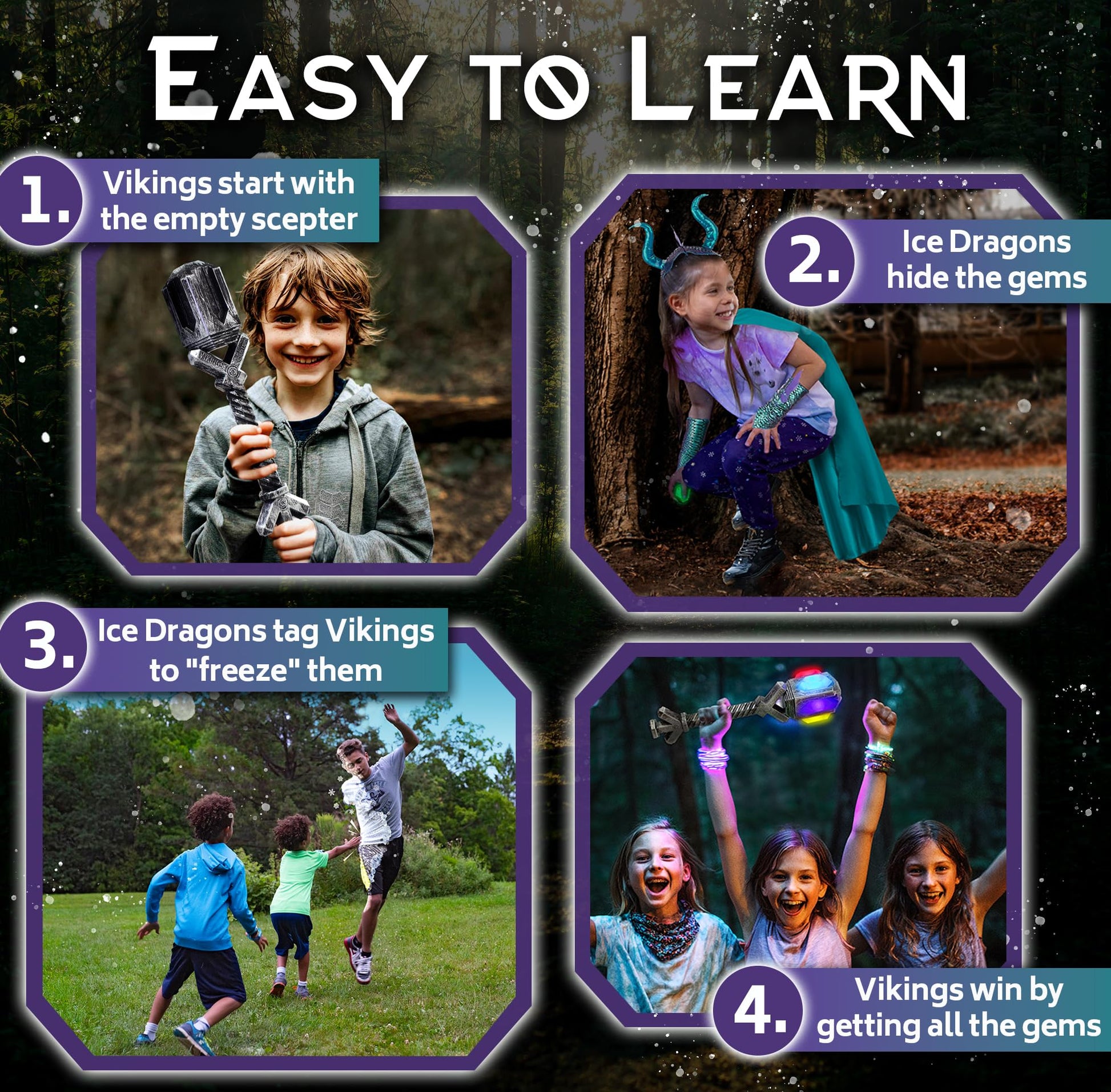 Freeze Tag with a Twist: Vikings of the Northern Lights | 3-10 Players, Ages 5+ | Glow in the Dark | Gem Treasure Hunt | RV & Family Camping Games |