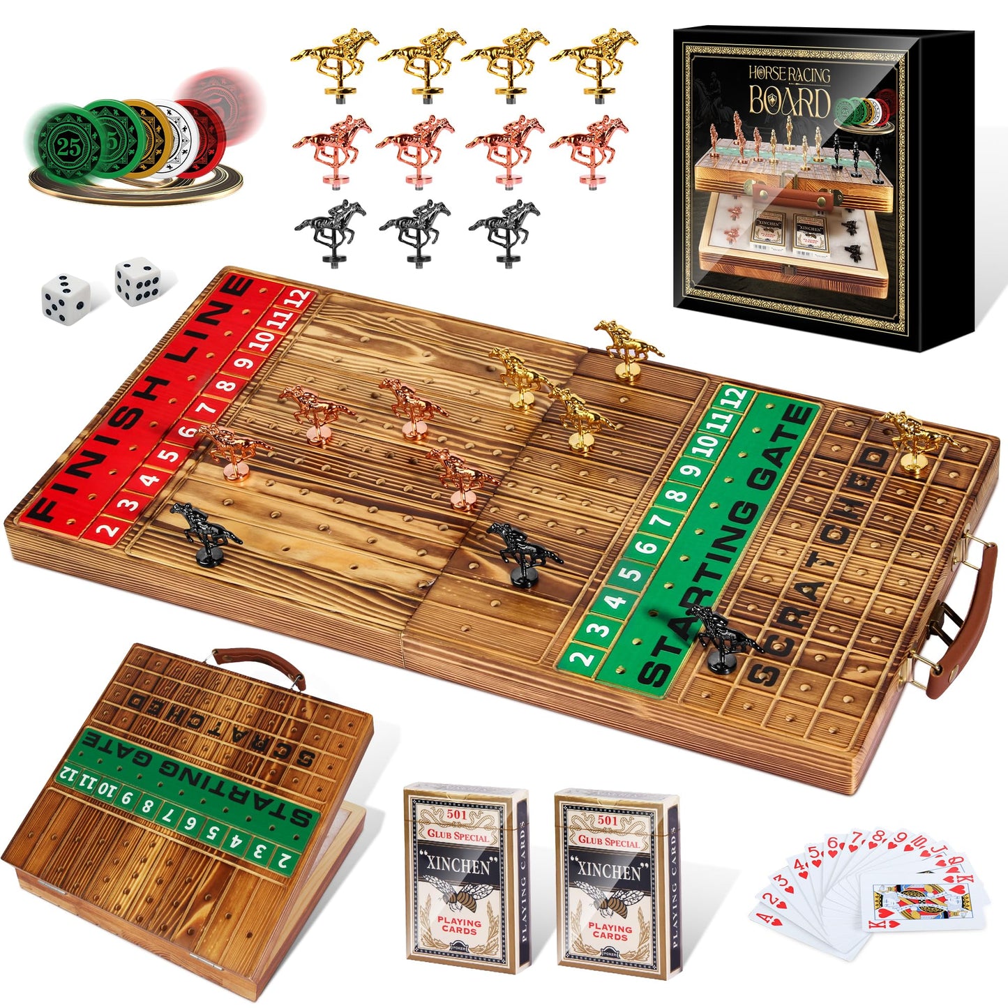 Large 22.8 inches Foldable Horse Race Board Game for Adults, Thickened Solid Wood with 11 Luxurious Durable Classic Metal Horses, 143 Chips, 2 Dice, 2