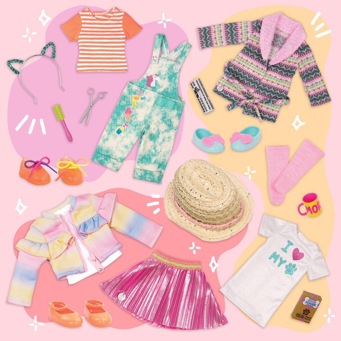 Glitter Girls - 14-Inch Doll Outfit Bundle - 3 Fashion Outfits - Rainbow Jacket, Cat - Ears, Sweater Dress - Clothes & Accessories - Fashion Pack - 3+
