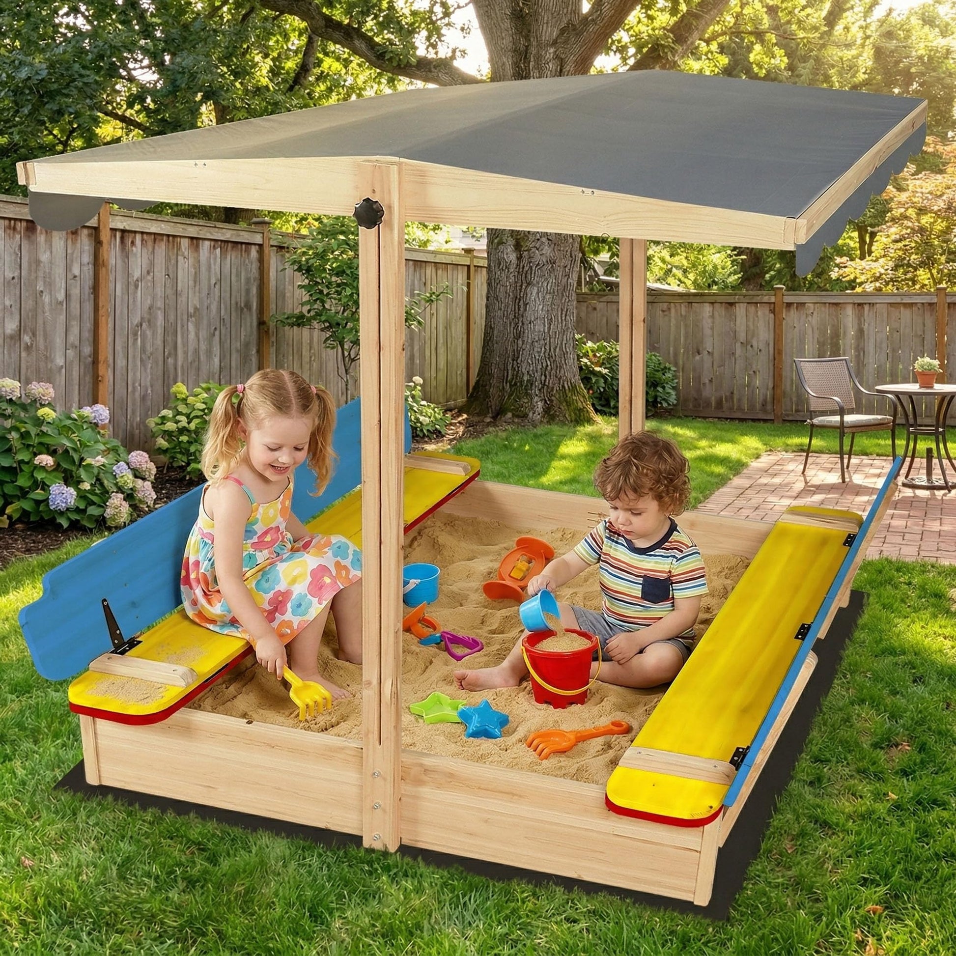 HOMELONG Wooden Sandbox with Cover Lid Adjustable Canopy Foldable Bench Seat Bottom Liner Large Sand Pit Aged 3-12 Outdoor 48x48 Inch Sand Box