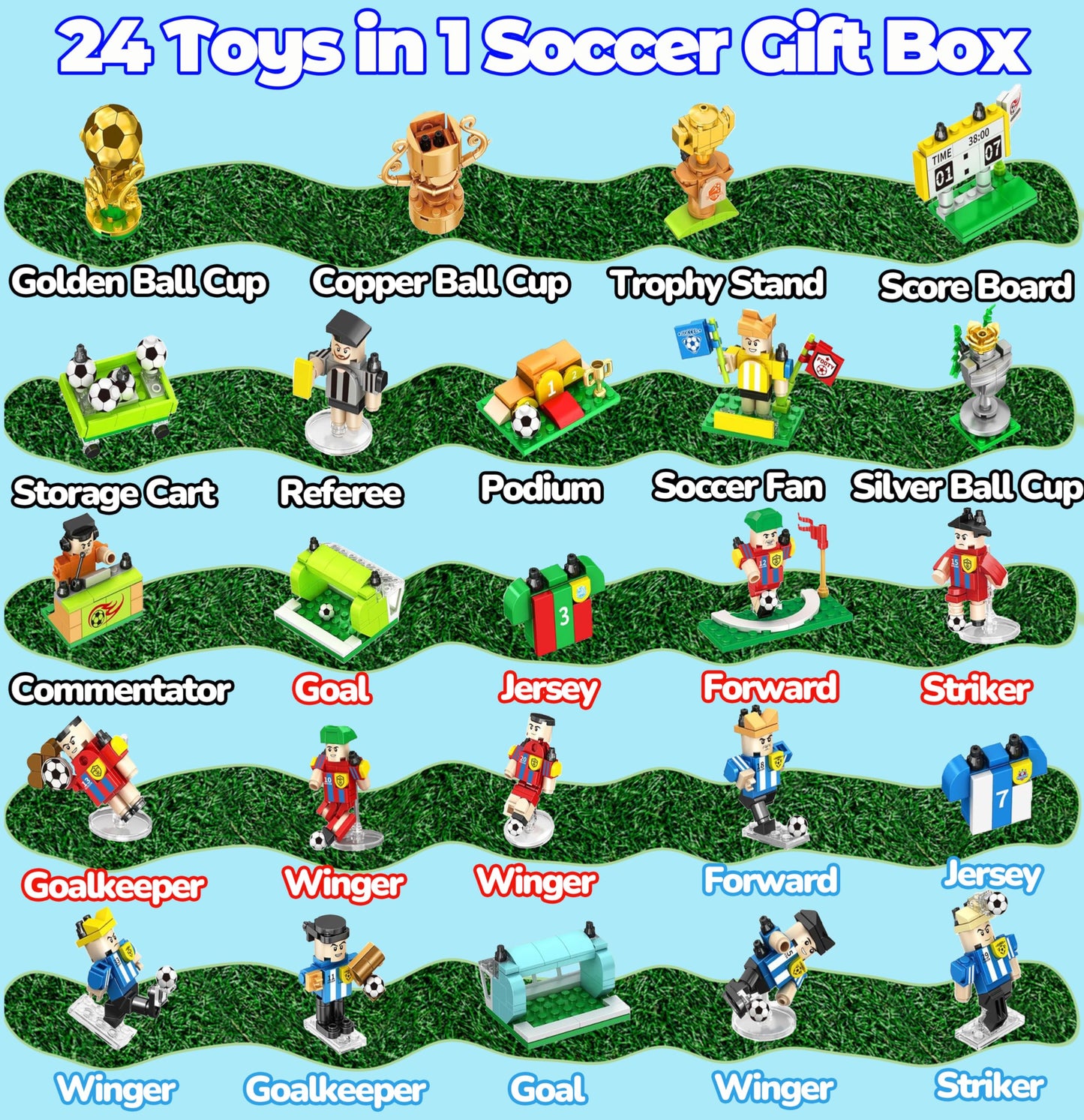 UAYUAY ?24 in 1 Toys Box? Soccer Building Block Set Soccer Gifts for Boys Girls 4-6-8-12 Years Old Birthday Gift Soccer Toys Stuff Kids Goodie Bags