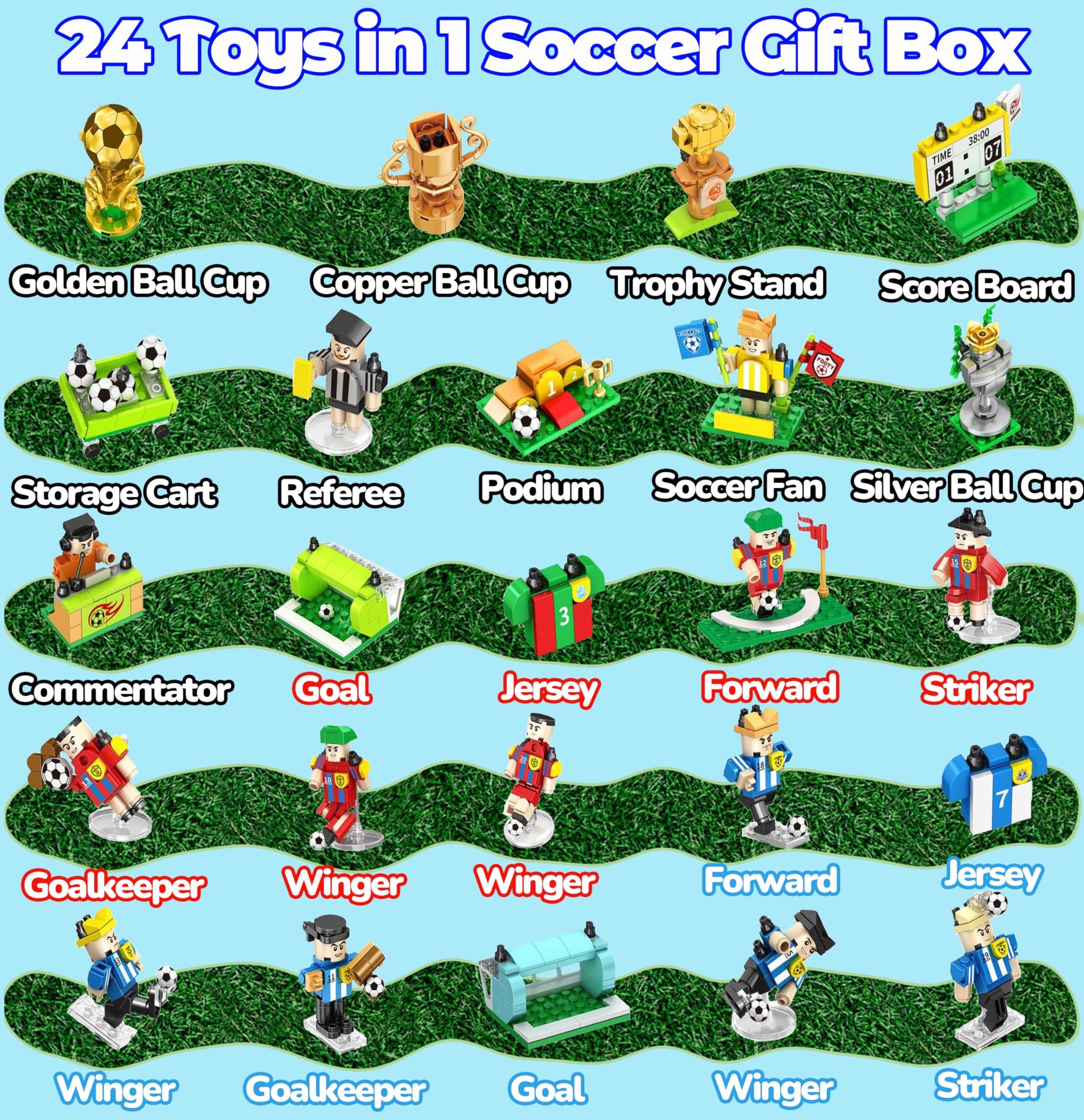UAYUAY ?24 in 1 Toys Box? Soccer Toys Soccer Building Block Set Soccer Gifts for Boys Girls 4-6-8-12 Years Old Birthday Gift Stuff Kids Goodie Bags