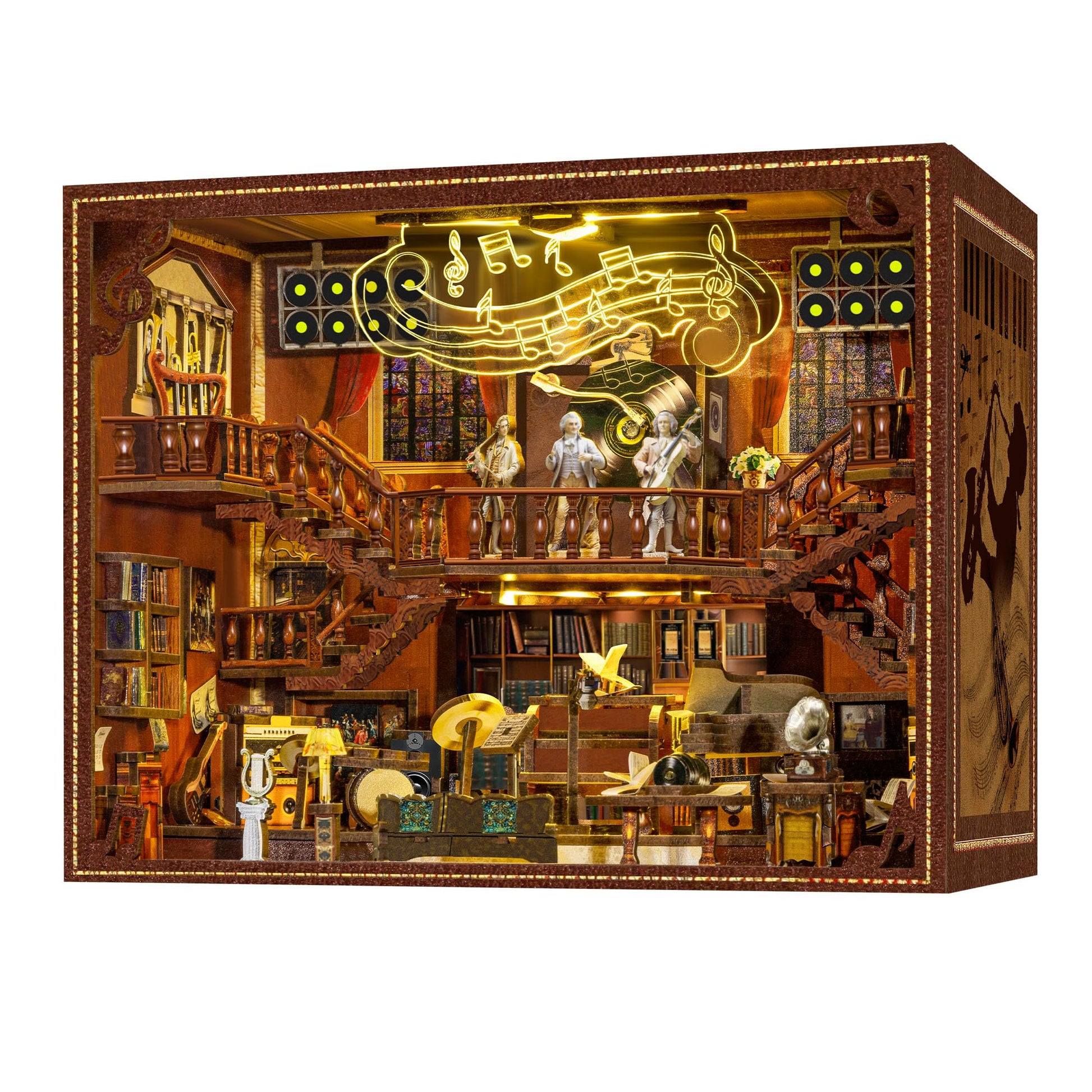 Book Nook Music Kit - DIY Miniature Dollhouse with LED Lights for Adults & Teens, Maestro's Study 3D Wooden Bookshelf Decor, for Family & Friends