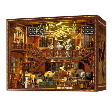 Book Nook Music Kit - DIY Miniature Dollhouse with LED Lights for Adults & Teens, Maestro's Study 3D Wooden Bookshelf Decor, for Family & Friends