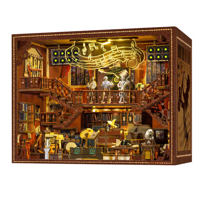 Book Nook Music Kit - DIY Miniature Dollhouse with LED Lights for Adults & Teens, Maestro's Study 3D Wooden Bookshelf Decor, for Family & Friends