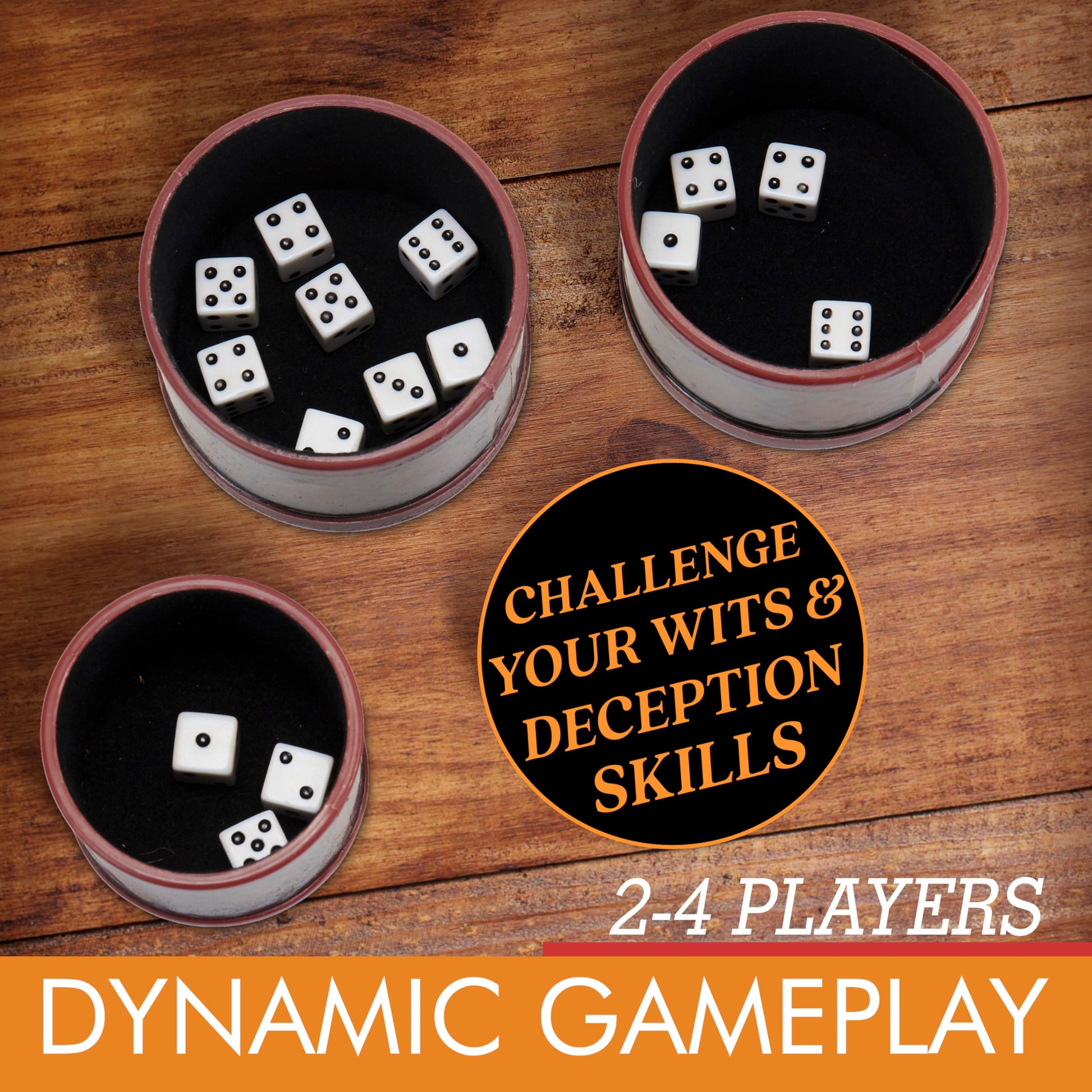 Front Porch Classics, Liar's Dice Game Set - The Classic Bluffing Game for 2 to 4 Players - Includes 4 Shaker Cups, 30 Dice, Dice Storage Bag and Wood