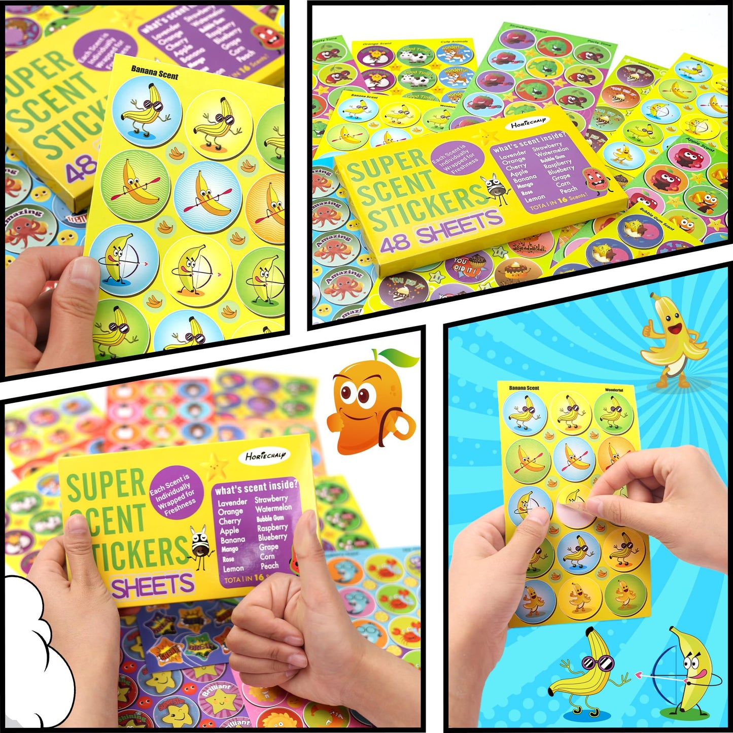 HORIECHALY Smelly Stickers Scratch and Sniff for Kids, Scented Stickers 48 Sheets 746 PCS 16 Different Scents, Sensory Fun Positive Reward
