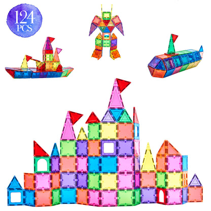 Royal Kiddos - 124 PCS with 2 Cars - Magnetic Building Blocks Toys for Kids - Magnetic Tiles Building Set for Toddlers - Magnet Toys for Children