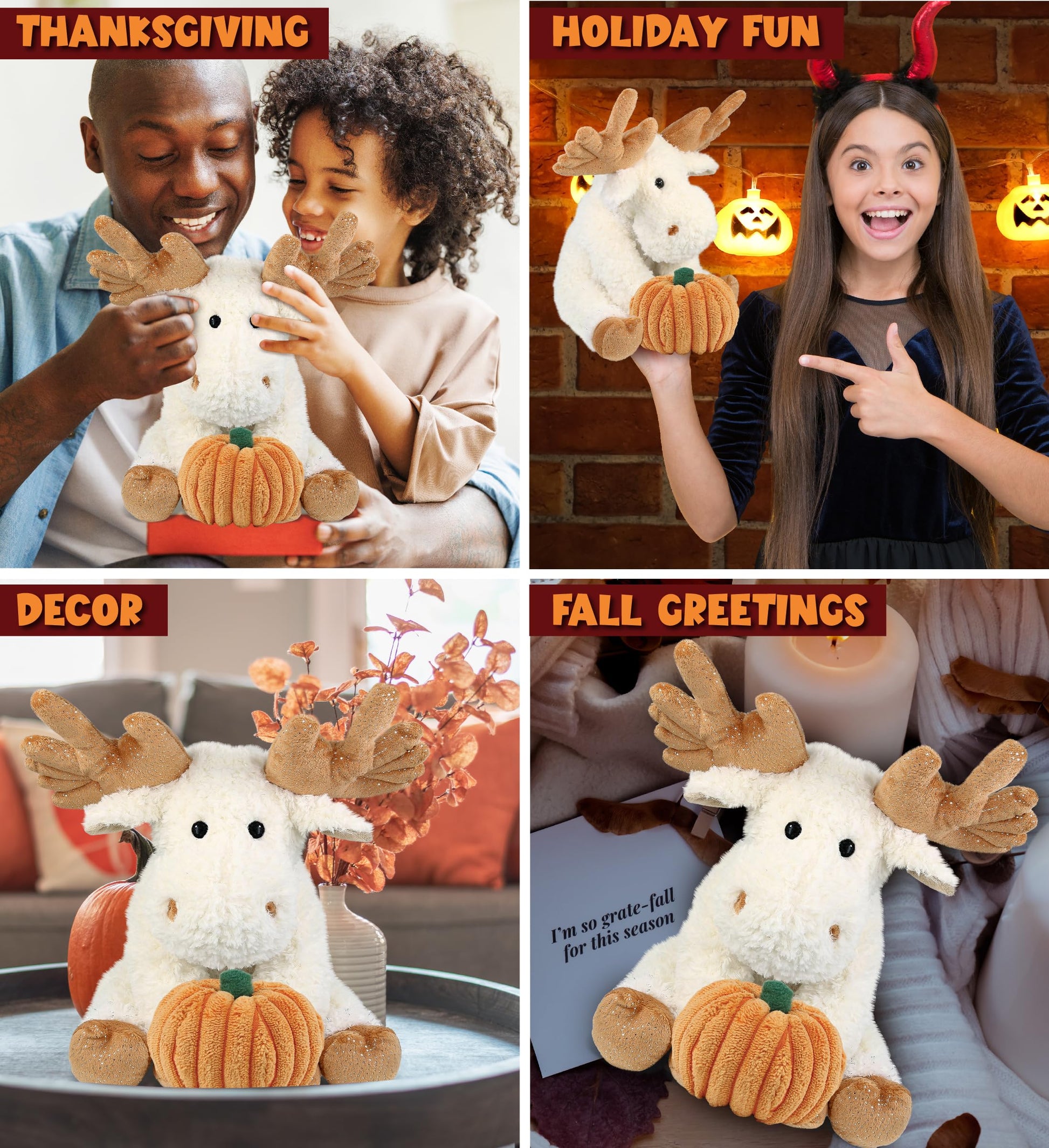 DolliBu Super Soft Fancy Floppy Moose Stuffed Animal with Pumpkin Decor and Personalization - Pumpkin Plush Animal for Fall, Halloween