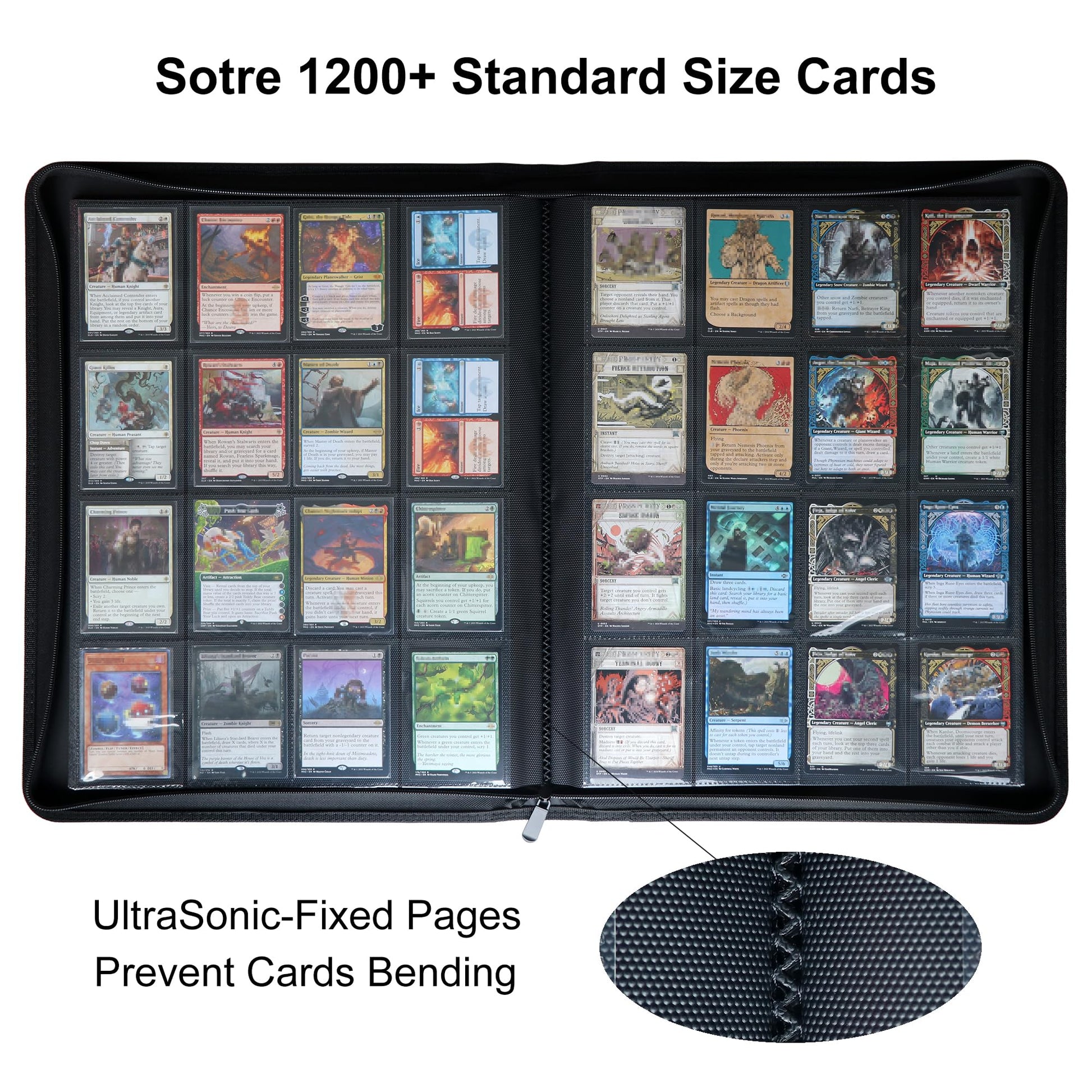 GrinOwl 16 Pocket Card Binder, Fits 1216 Trading Cards 1200+ Pockets Ringless Trading Card Album Folder for TCG (Black)