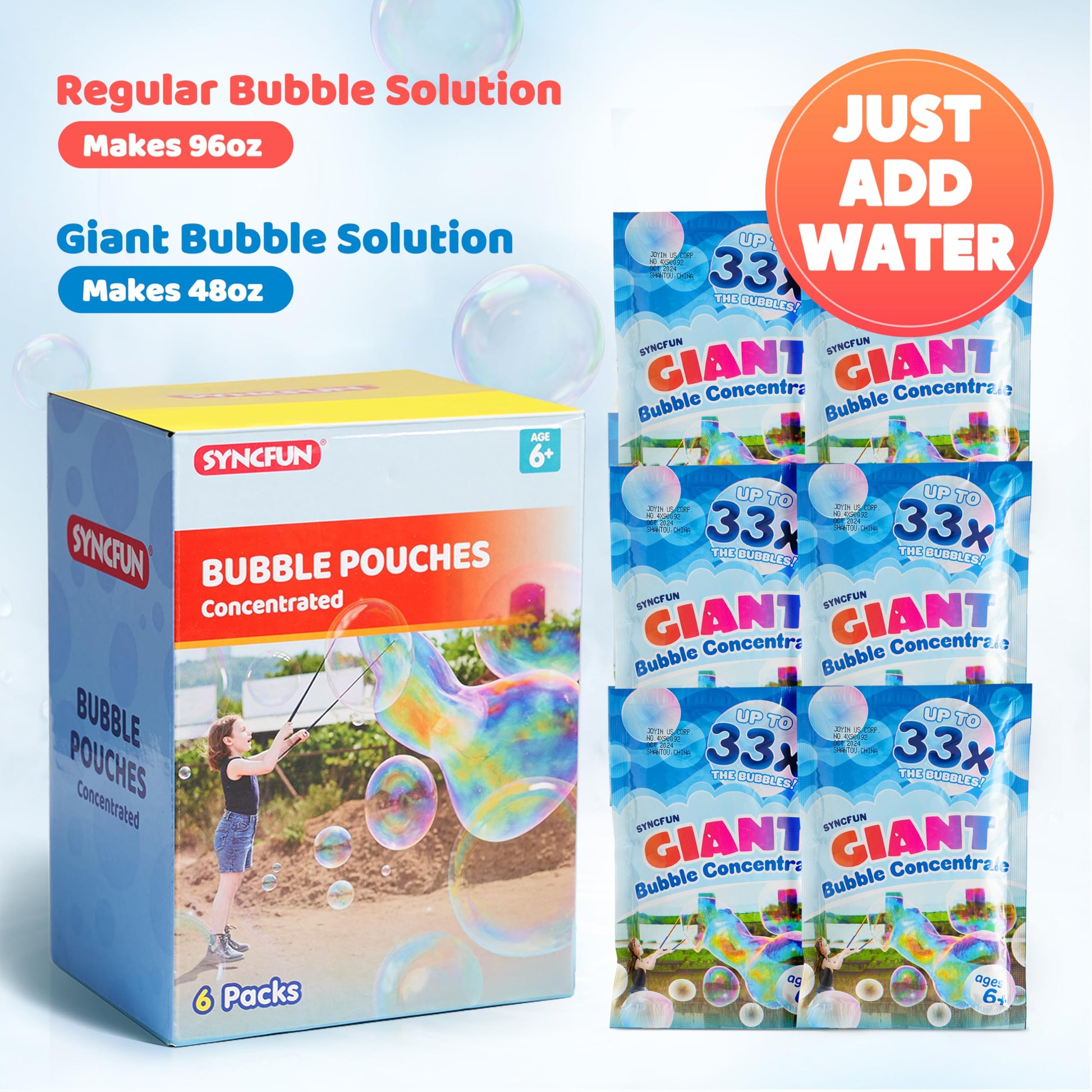 JOYIN Giant Bubble Solution (Up to 4.5 Gallons), 6 Pouches Concentrated Solution Refill for Bubble Machine, Wands, Blower, Easter, Outdoors Activity
