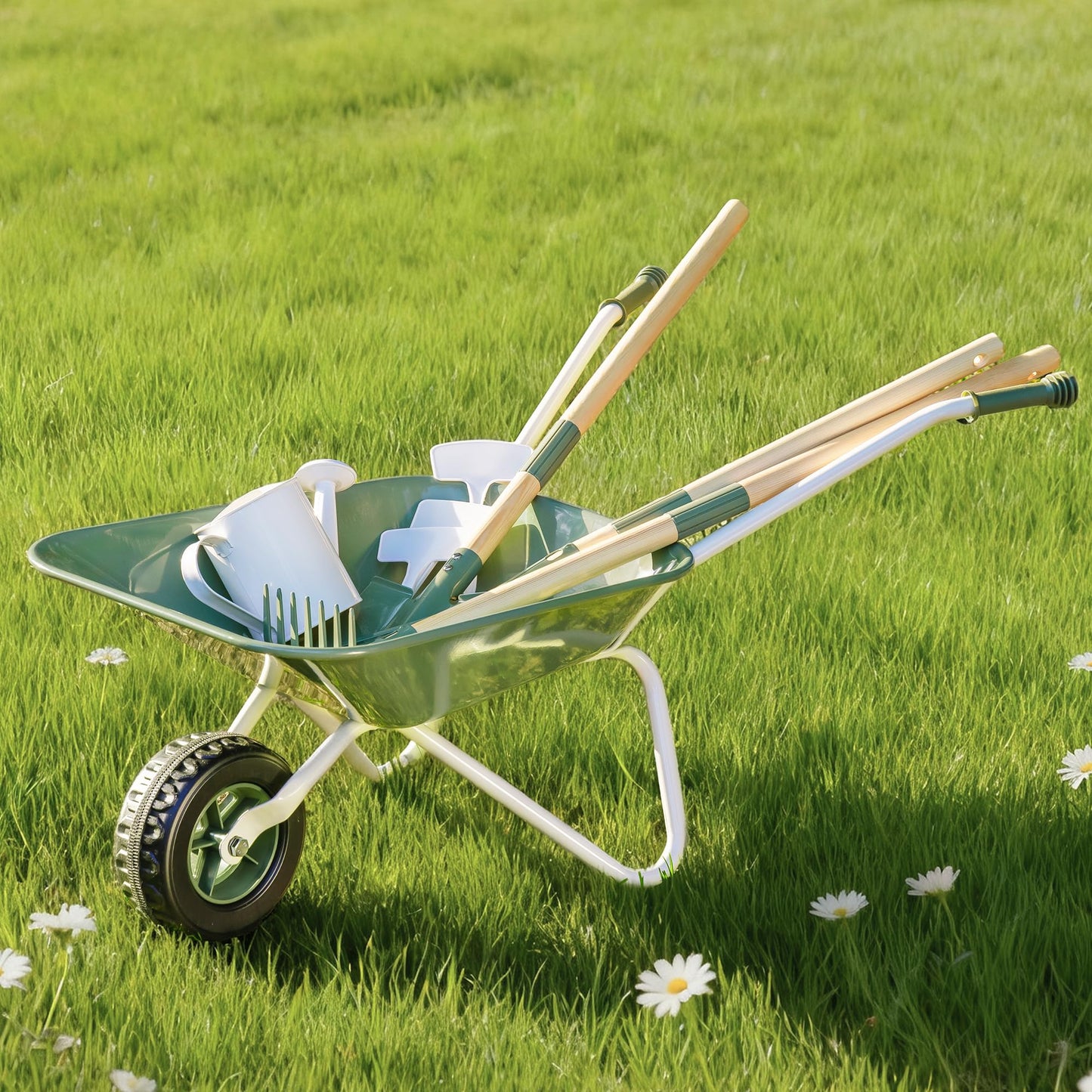 ROBOTIME Kids Wheelbarrow with Gardening Set - Metal Wheelbarrow Toddler Outdoor Play Toy with Garden Tools, Watering Can & Plant Labels, Pretend Play