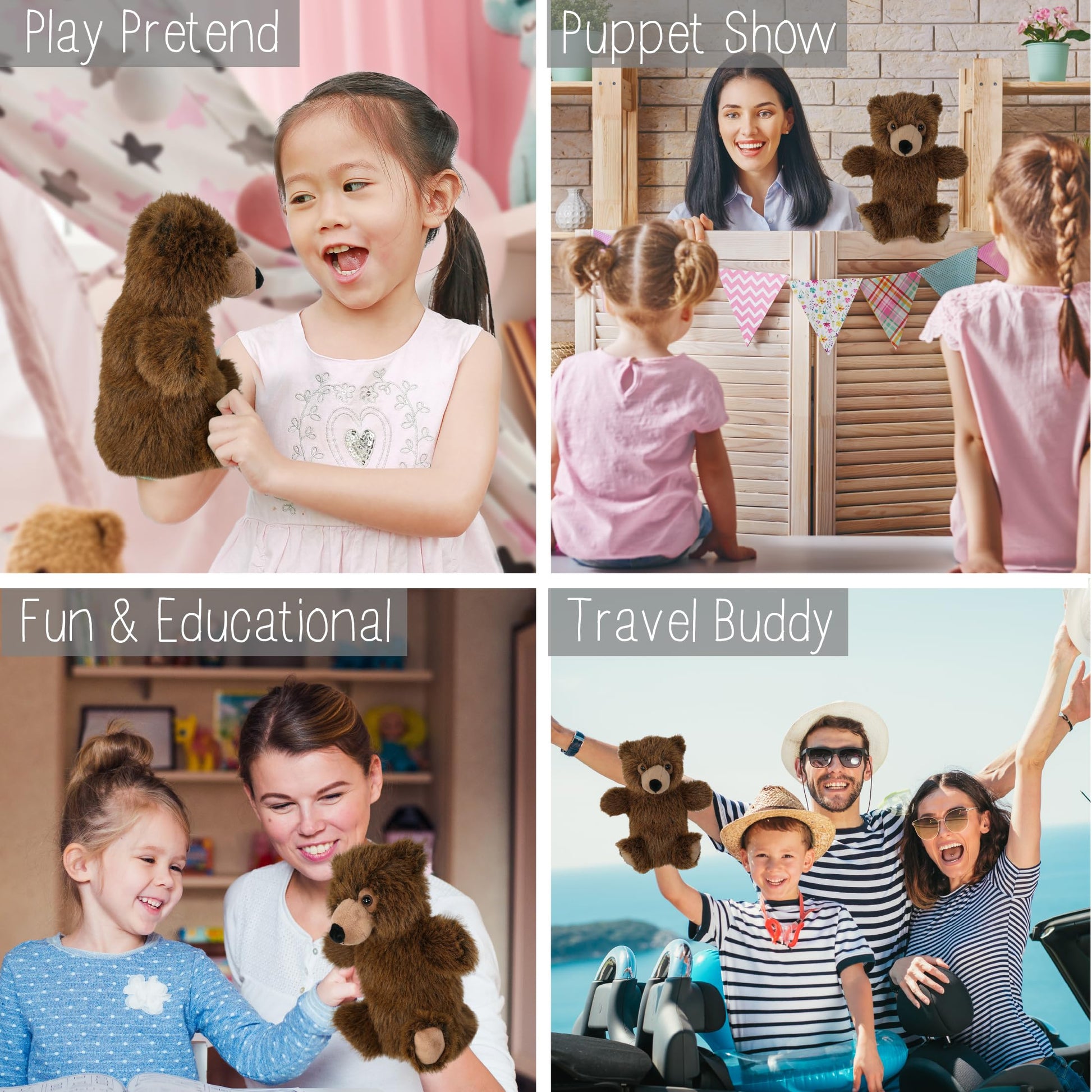 DolliBu Brown Bear Plush Hand Puppet - Super Soft Stuffed Animal Brown Bear Puppet Toy for Kids, Educational Cute Plush Puppets for Teaching, Games