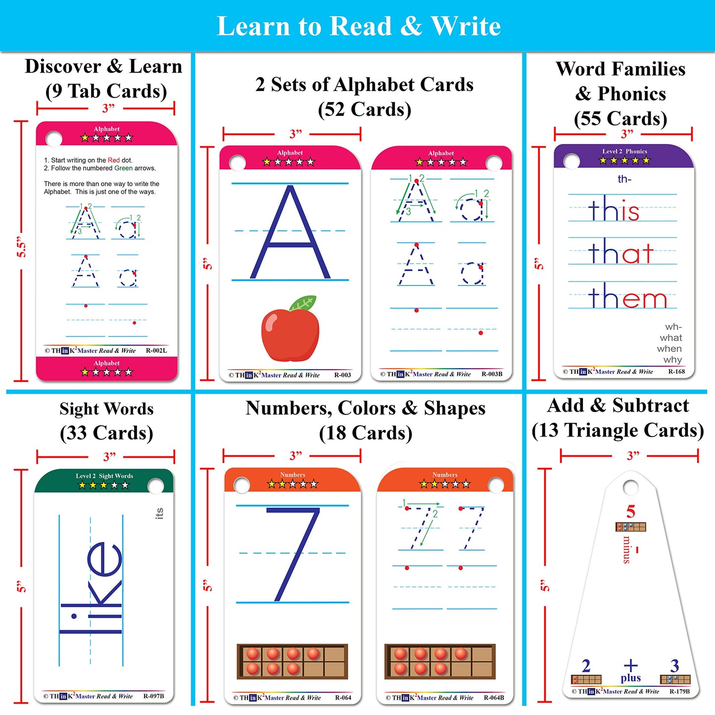 THINK2MASTER Premium 186 Laminated Alphabet, Sight Words & Phonics Flash Cards for Pre K & Kindergarten. (Bonus: 2 Dry Erase Markers, 5 Rings). Learn
