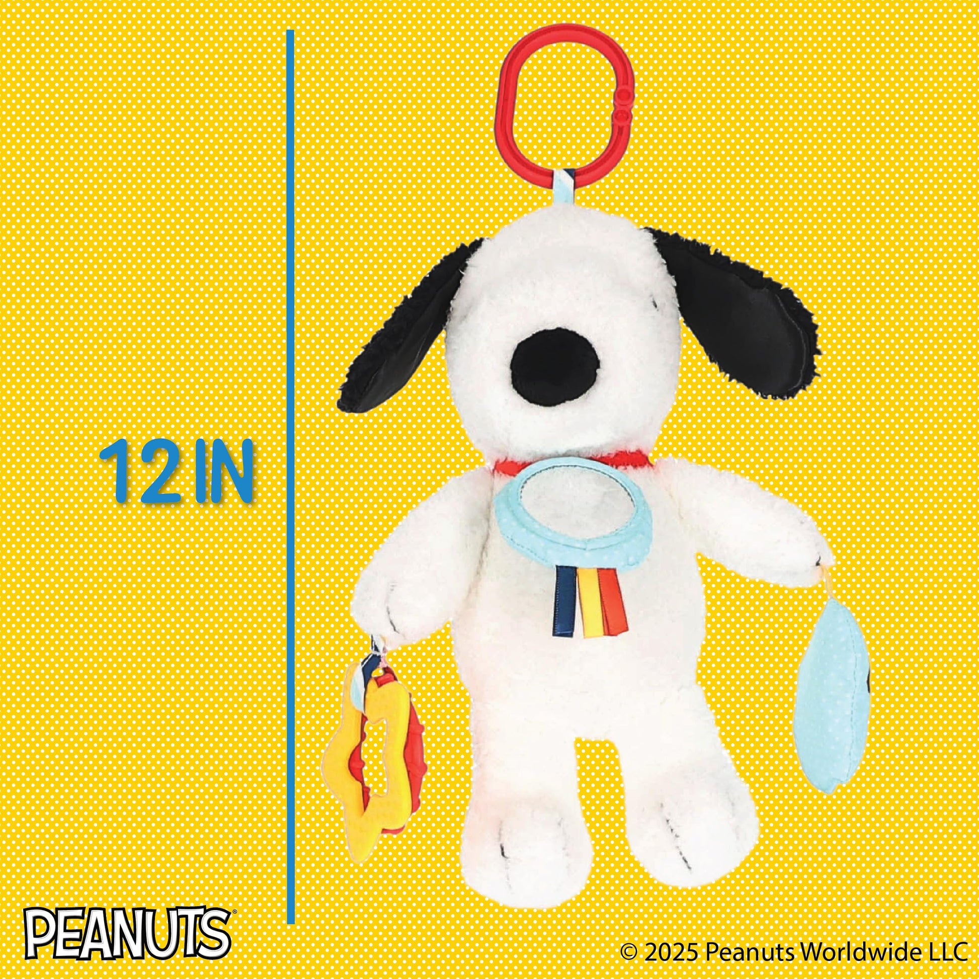 Kids Preferred Peanuts Snoopy Activity Toy - Jingle, Mirror, Teethers, Crinkle, Ribbons, Crinkle, Satin Accents, Soft Plush, On-The-Go Clip, 12 in
