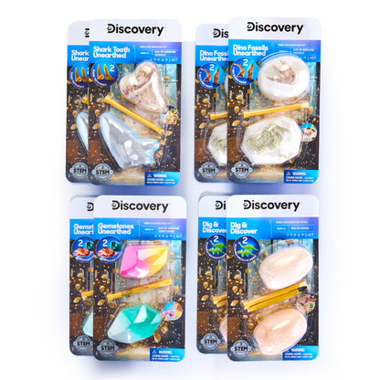 Discovery Mini Excavation Kit 8-Pack, STEM Science Dig Kit with 16 Hidden Discoveries, Genuine Gemstones, Shark Teeth, Dinosaur Fossils & Glow