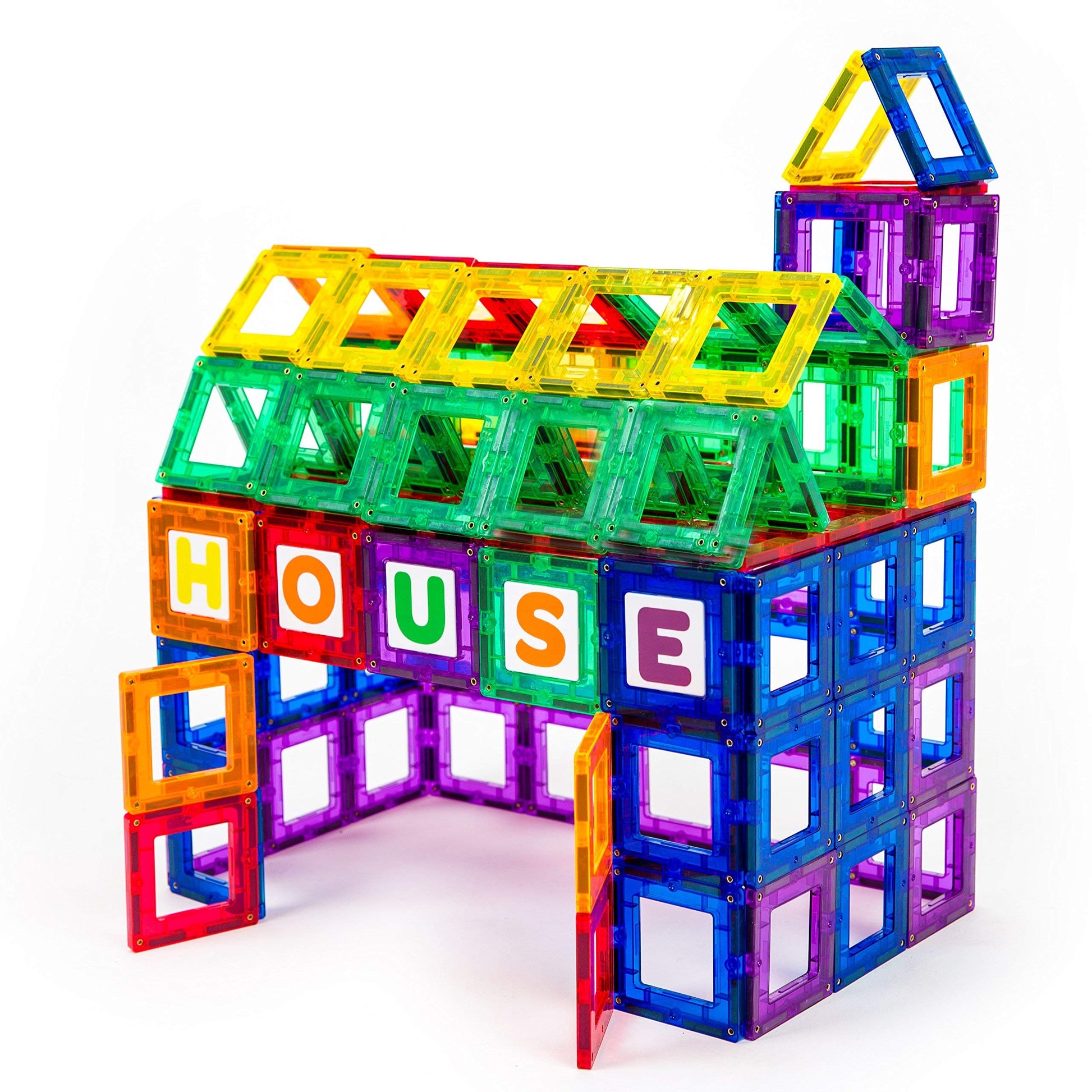 Playmags Magnetic Tile Building Set: Exclusive Educational Clickins - 80-Pc. Kit: 40 Super Strong Clear Color Magnet Tiles Windows & 40 Letters