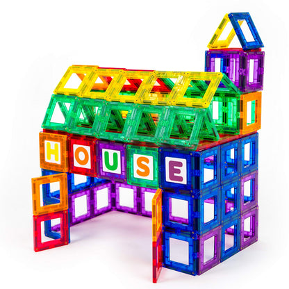 Playmags Magnetic Tile Building Set: Exclusive Educational Clickins - 80-Pc. Kit: 40 Super Strong Clear Color Magnet Tiles Windows & 40 Letters