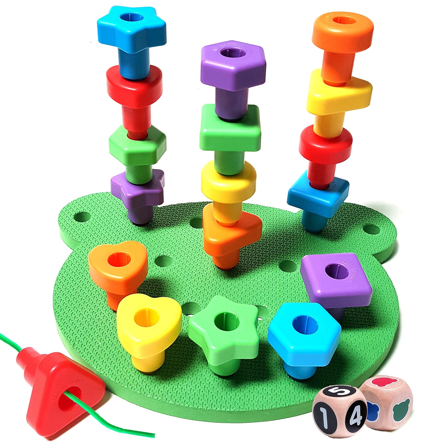 Jumbo Stacking Shapes Pegboard Set for Kids with 18 Pegs, 2 Wooden Dice, Lacing String & Storage Box (Light Rainbow Colors)