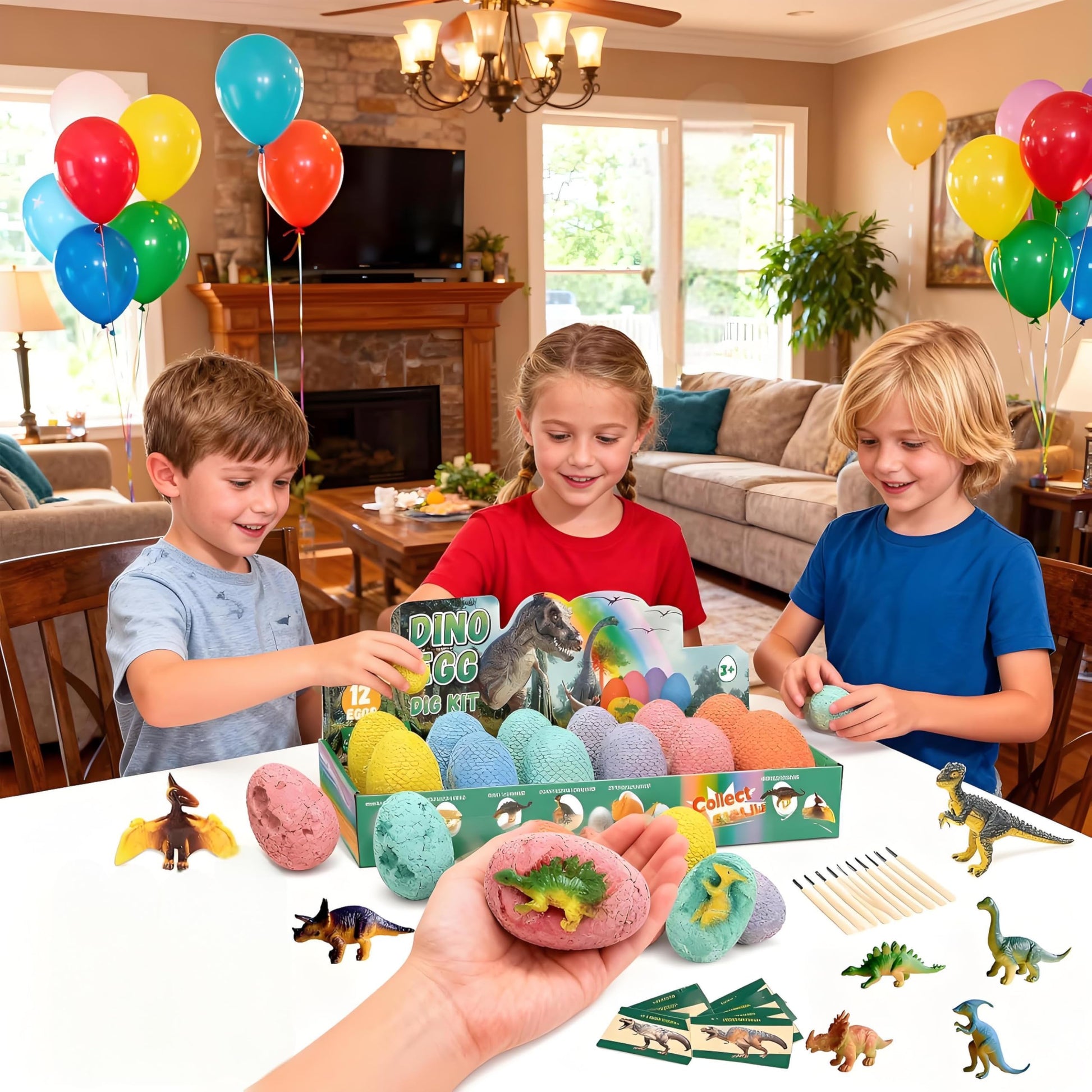 EXBEPE Dinosaur Eggs Excavation Dig Kit, 12 Fossilized Colorful Easter Dinosaur Egg with 12 Cards and 12 Dig Tools, Science Education STEM Toys