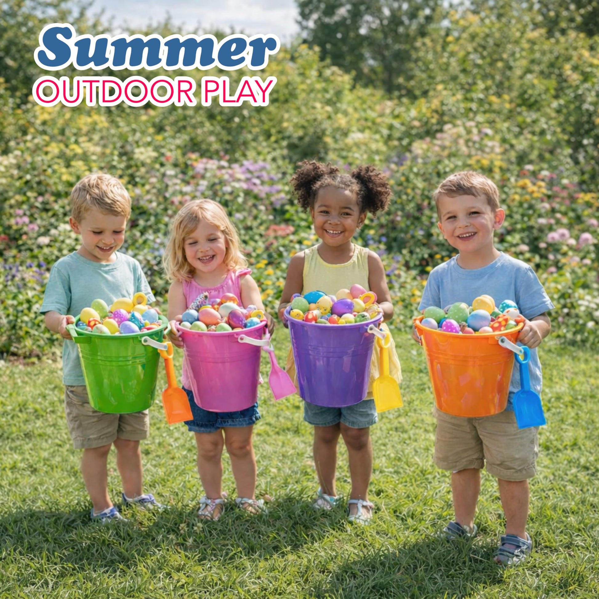 4E's Novelty 9" Large Sand Bucket with Shovel [12 Pack Bulk] Beach Buckets - Beach Toys for Kids & Toddlers, Party Favors Basket Holders, End of Year