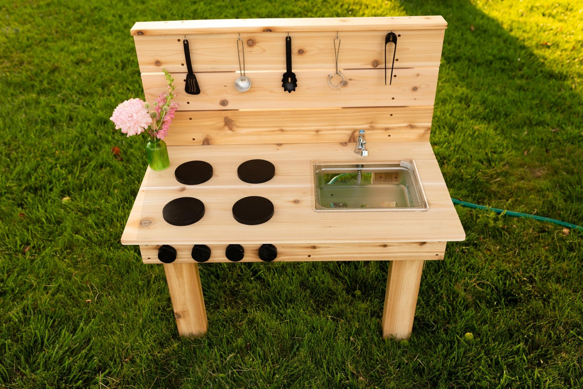 Noble Toys Mini Mud Kitchen with Functional Stovetop Sink for Kids | Pretend Play Toddler Table with Running Water | Outdoor Playset Working Sink |