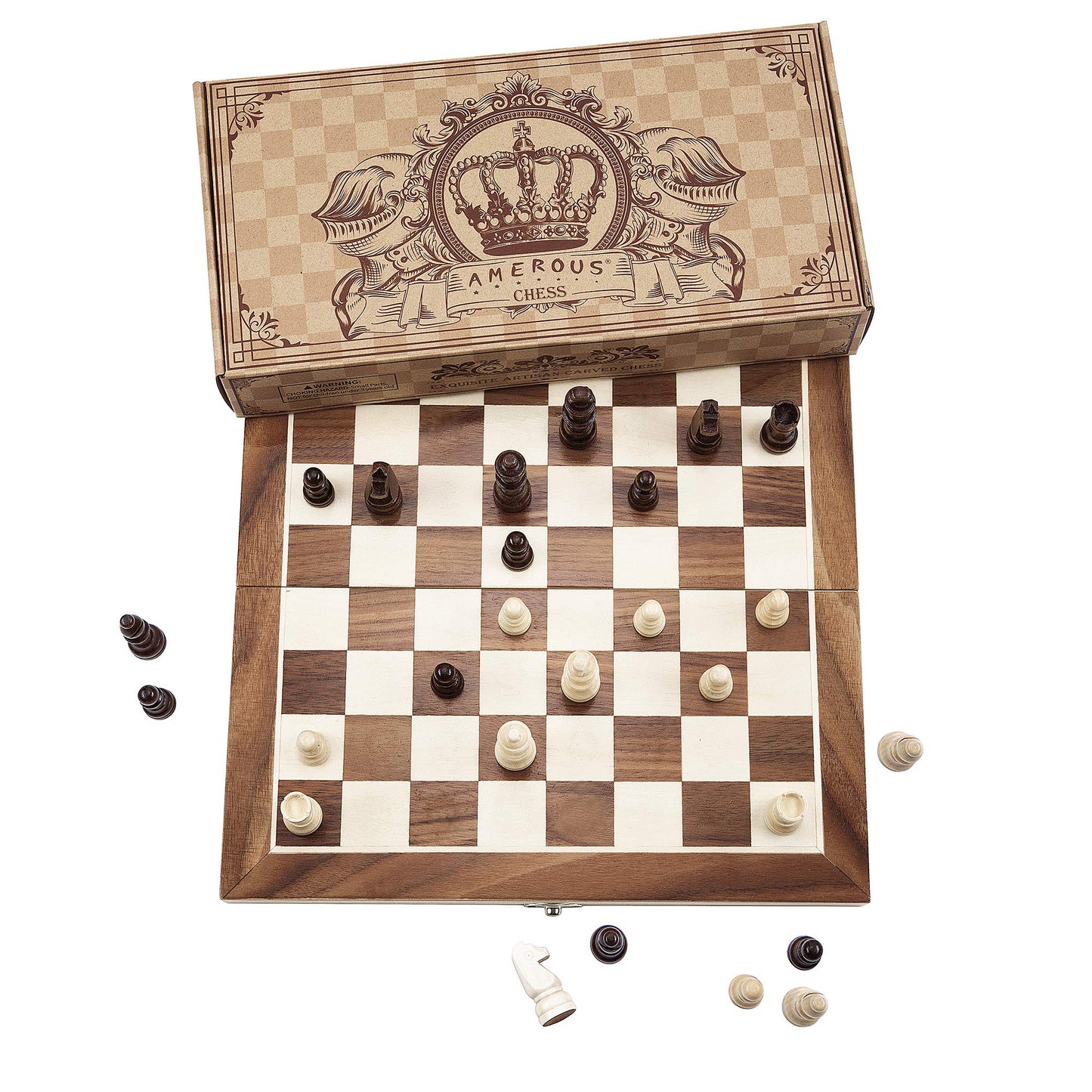 AMEROUS 12" x 12" Magnetic Wooden Chess Set for Kids and 6 up Age, 2 Bonus Extra Queens, Folding Board with Storage Slots, Handmade Chess Pieces