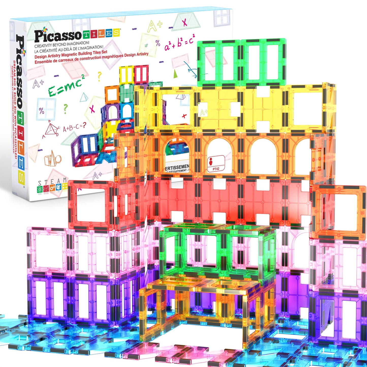 PicassoTiles 42pcs Magnetic Tiles Magnet Blocks See-Through Shape STEM Toys Building Block Educational Playset Compatible with Major Brand Tile