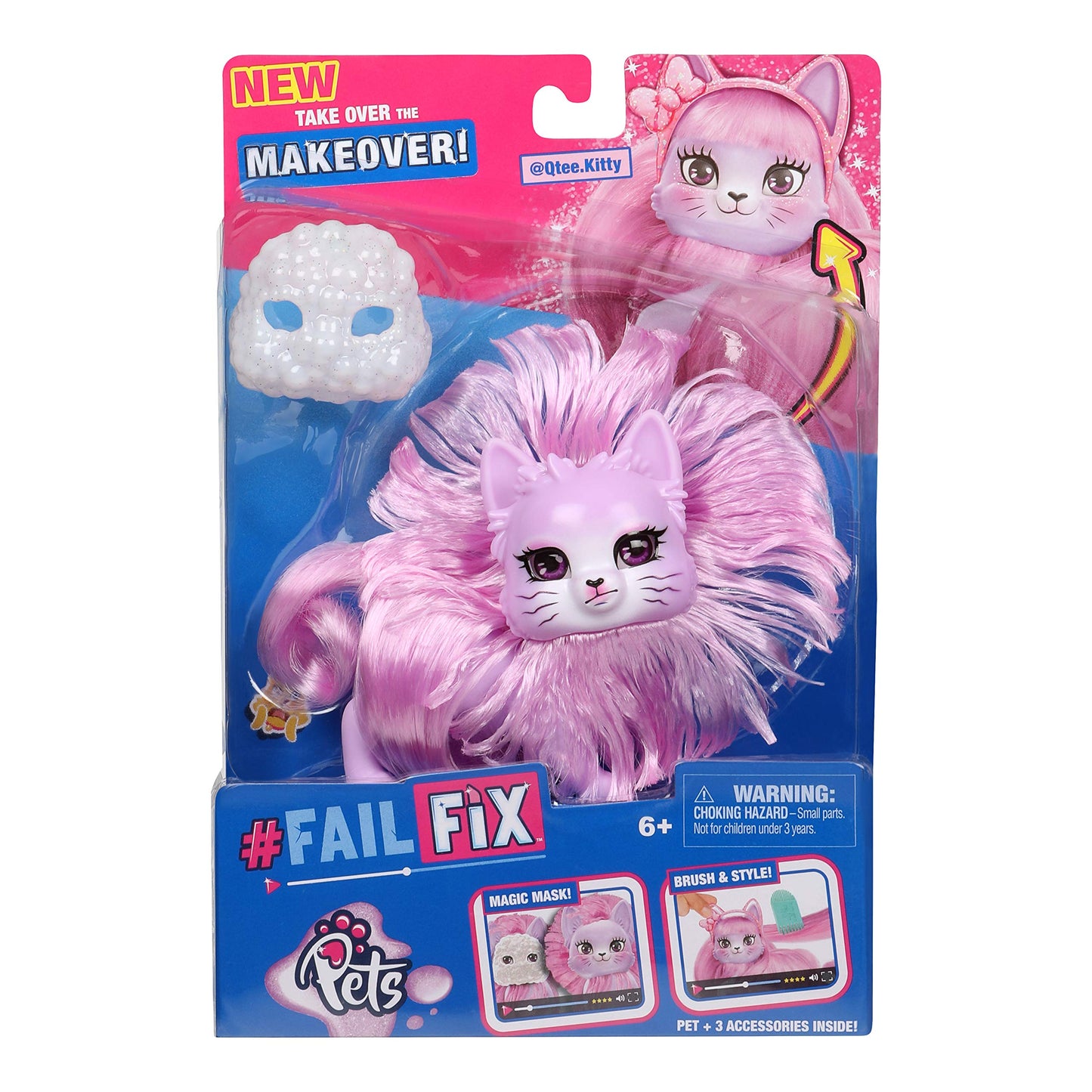 Failfix @Qtee.Kitty Total Makeover Pet Pack, 3.75 inch Fashion Pet with Pink Transforming Hair and Face and Accessory (12817)