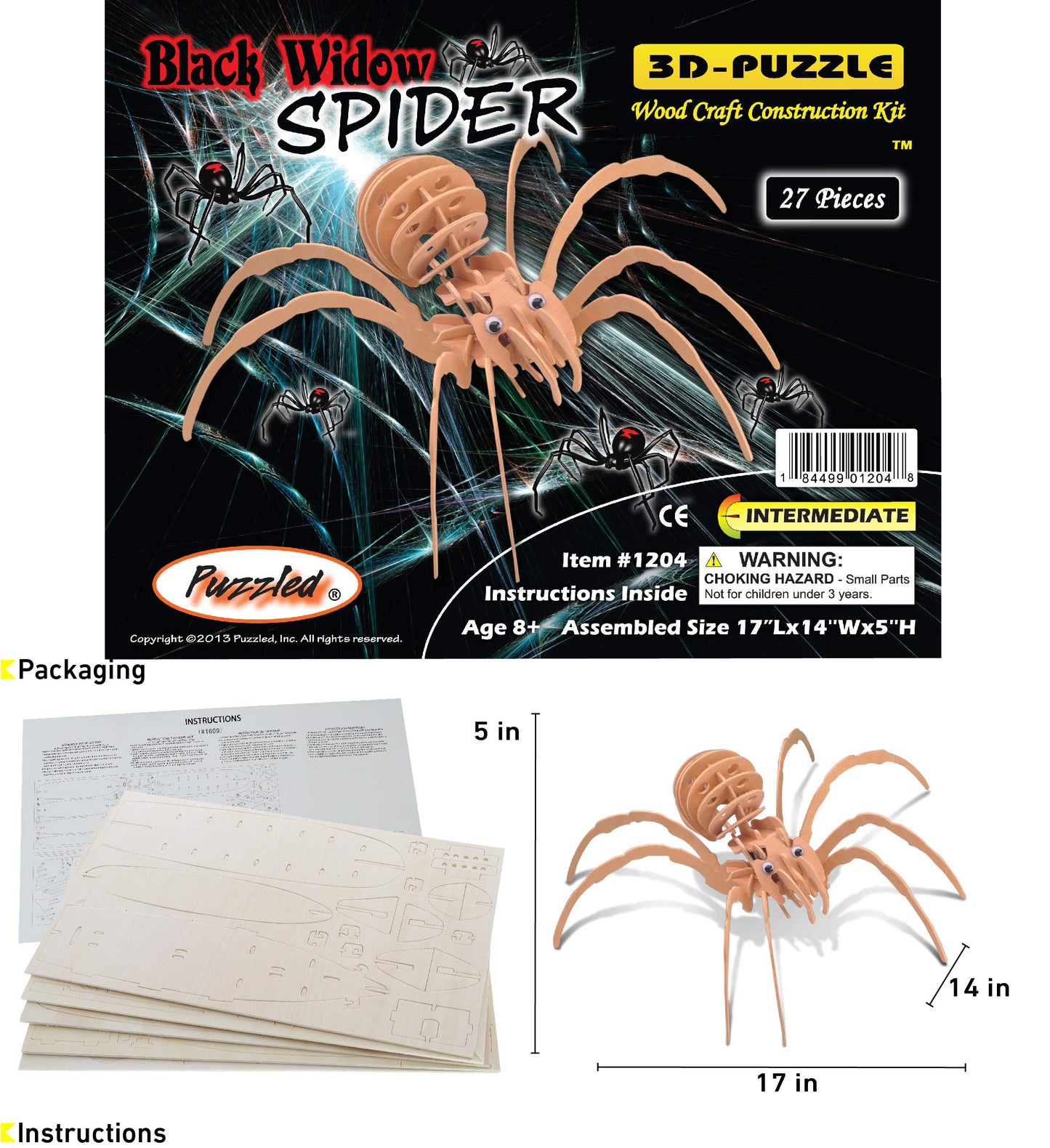 Puzzled 3D Puzzle Black Widow Spider Wood Craft Construction Model Kit, Fun & Educational DIY Wooden Toy Assemble Model Unfinished Crafting Hobby