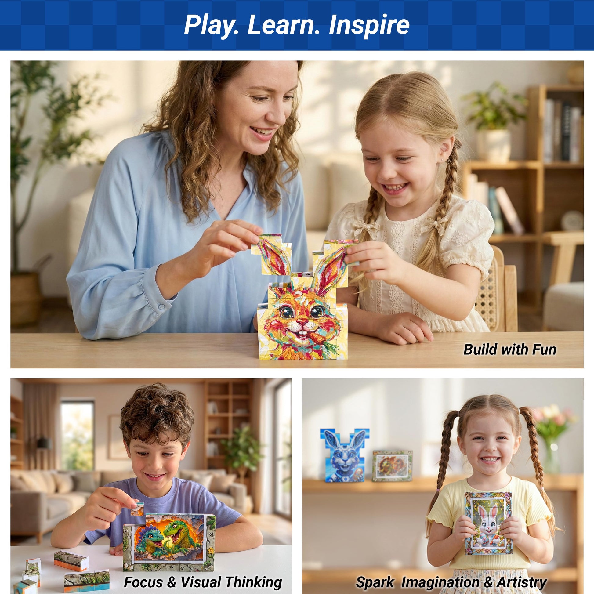 TOSY Picture Cube Bunny Friends: 6-in-1 Magnetic Picture Puzzle, Easter Basket Stuffers STEM Gift for Kids & Adults, 80 Blocks, 480 Puzzle Faces