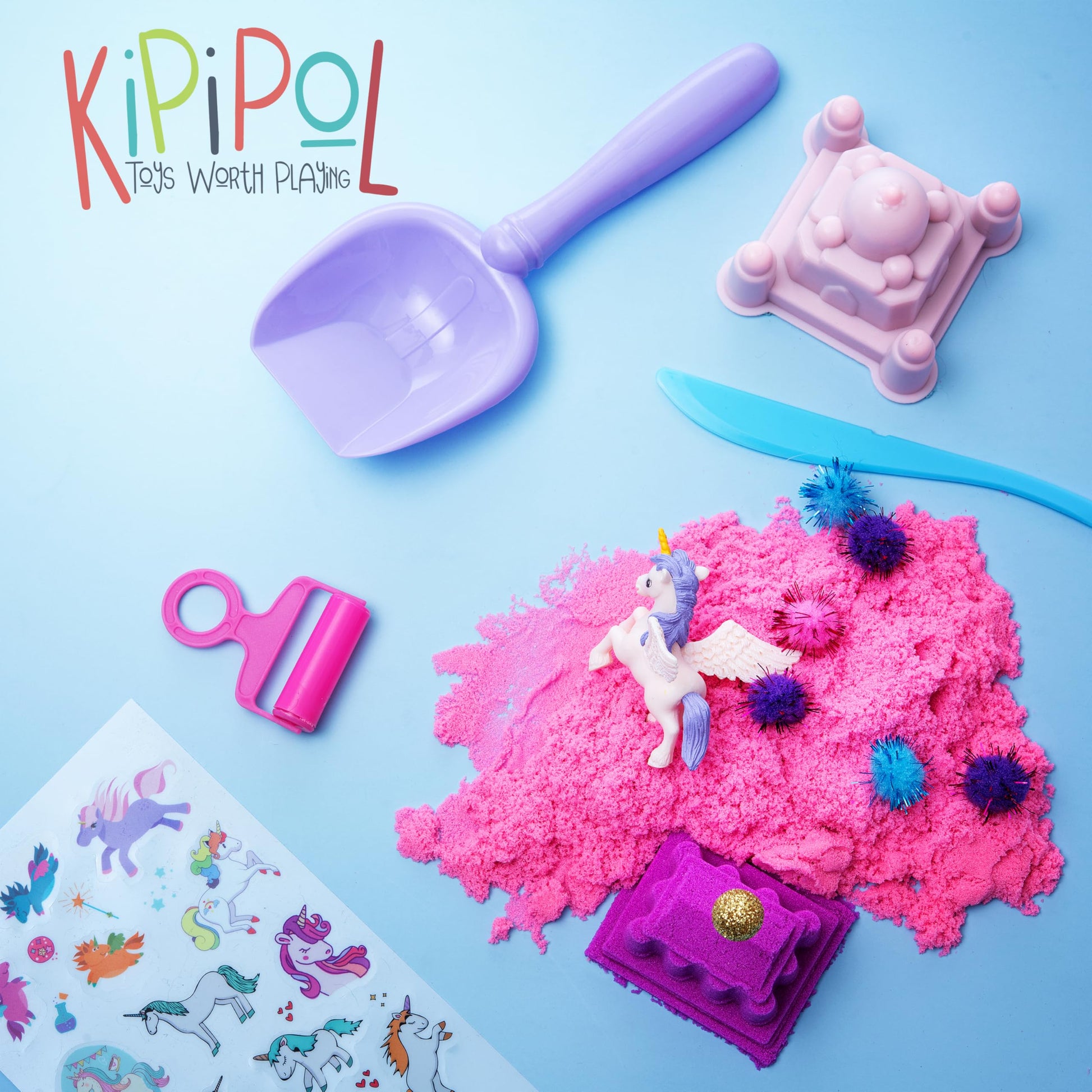 Kipipol Unicorn Sensory Bin for Toddlers 3-4, 5-7 Magic Sand Art Kit w Sandbox, 2.4 LB of Sensory Sand, 10 Sand Toys, 4 Unicorn Toys for Girls Age