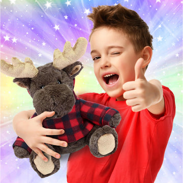 DolliBu Super Soft Moose Stuffed Animal with Plaid Red Hoodie Sweater - Cute Moose Plush Lumberjack Stuffed Toy with Plaid Jacket Animal Hoodie Dress