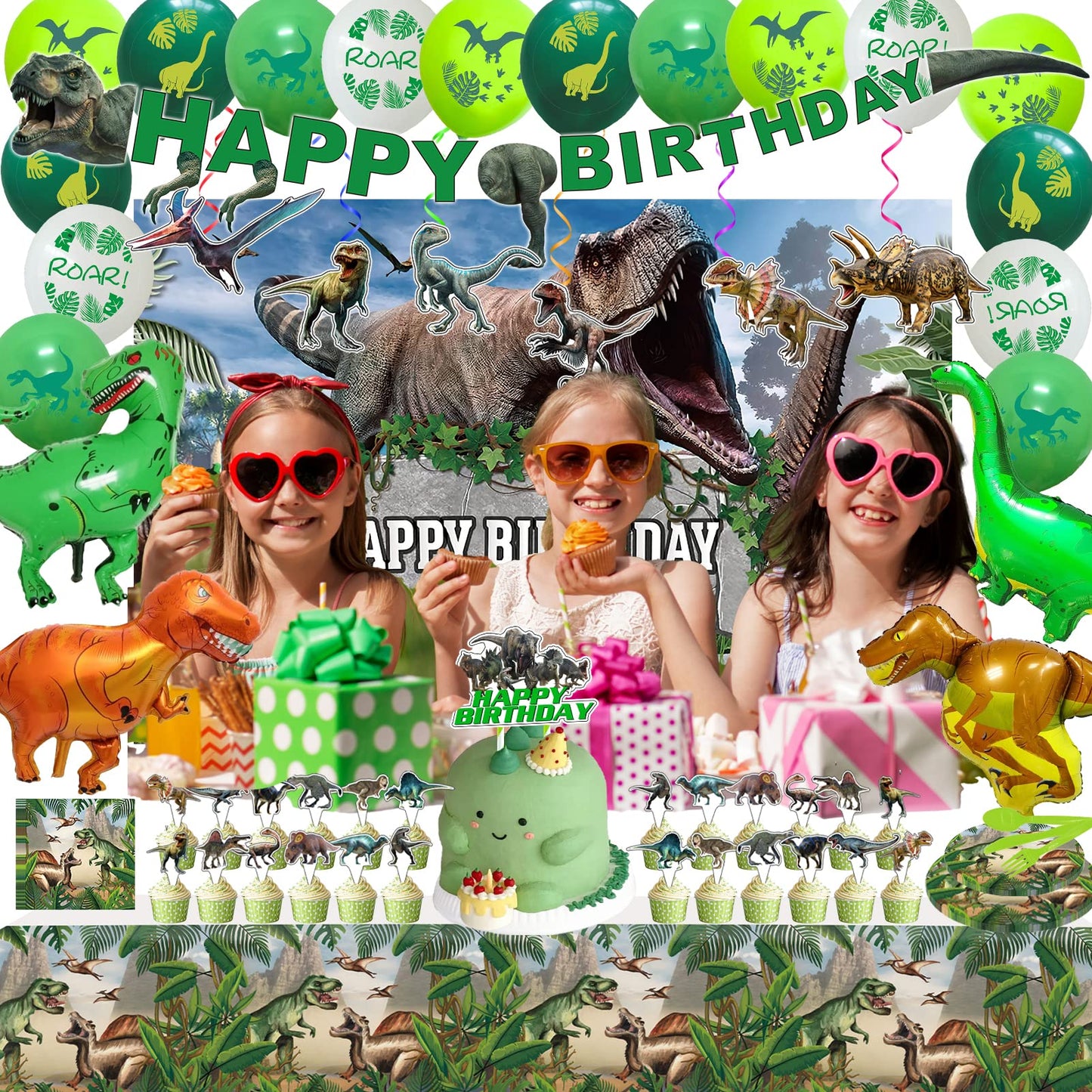 Dinosaur Themed Birthday Party Decoration Kit - Includes Backdrop, Tablecloth, Birthday Banner, Cake/Cupcake Toppers, Hanging Swirls, Disposable