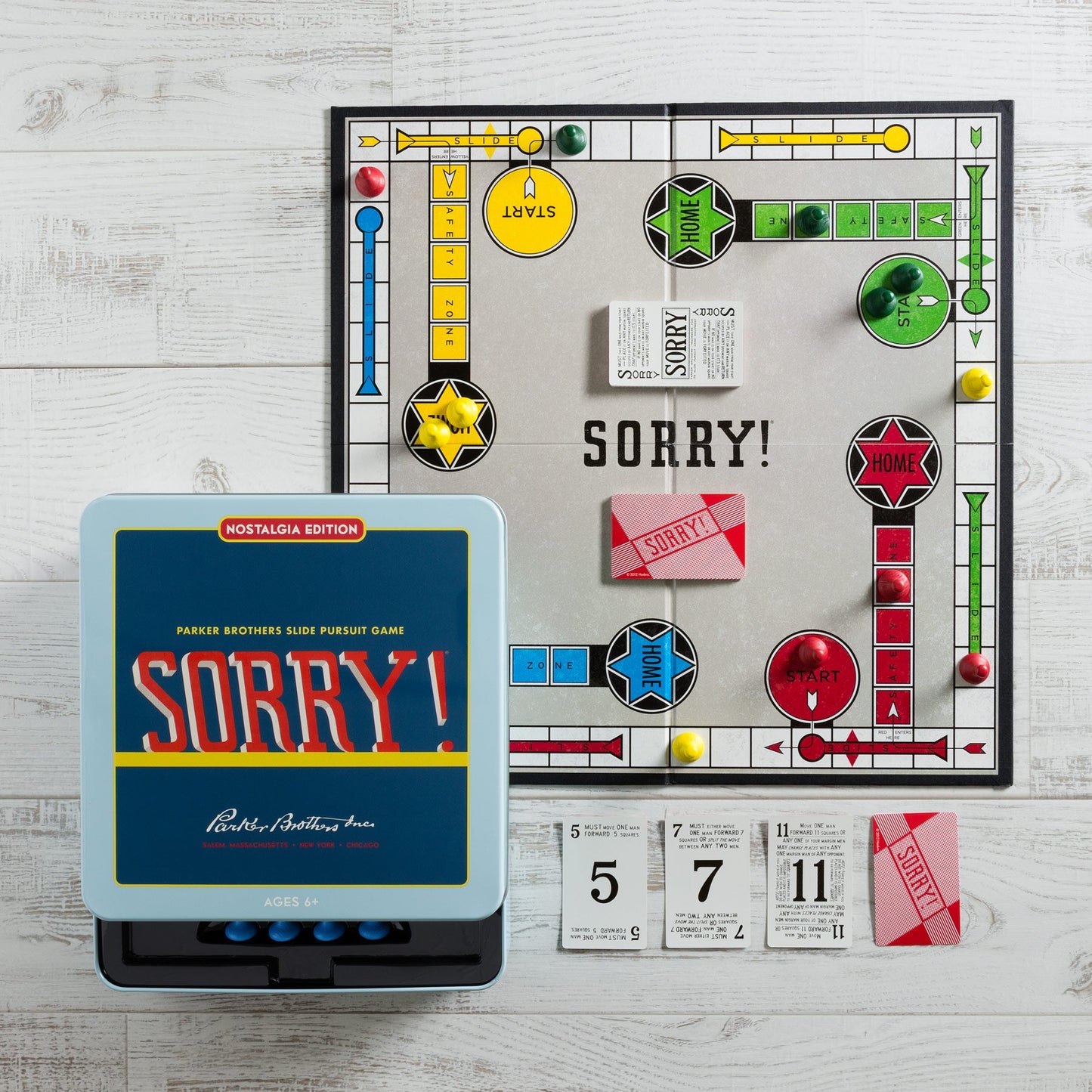 WS Game Company Sorry! Nostalgia Edition Board Game in Collectible Tin Vintage Style Slide Pursuit Board Games for Ages 6+