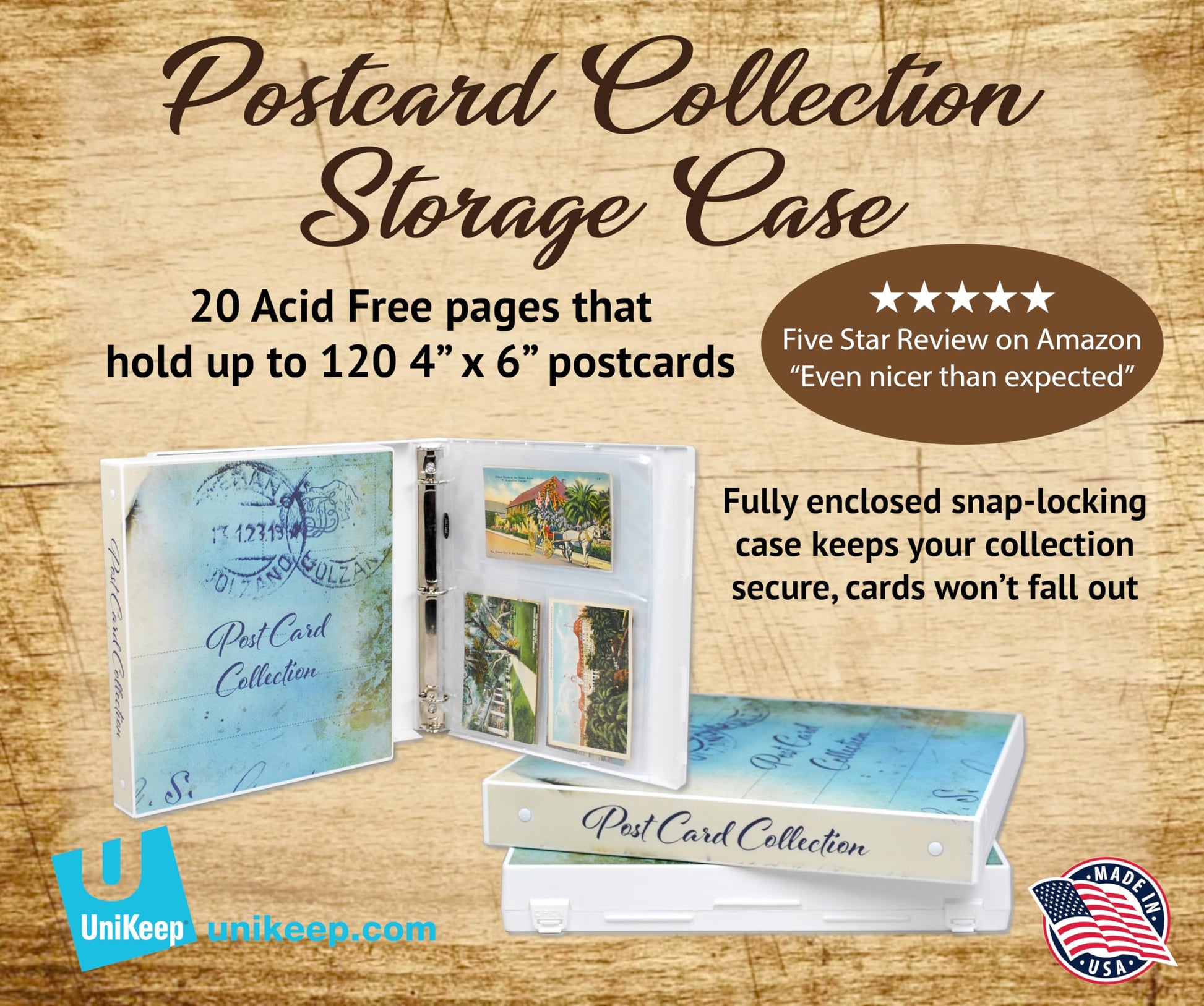 UniKeep Postcard Collector Storage Case with 20 Pages - Holds up to 120 Postcards Measuring 4" x 6" - Additional Pages Can Be Added (Blue)