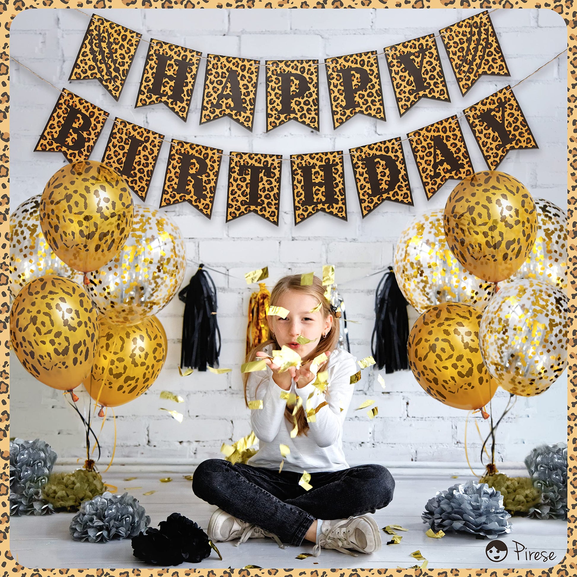 Pirese Cheetah Happy Birthday Banner - Cheetah Birthday Decorations, Leopard Party Decor, Safari Theme Party Supplies, Animal Print Party
