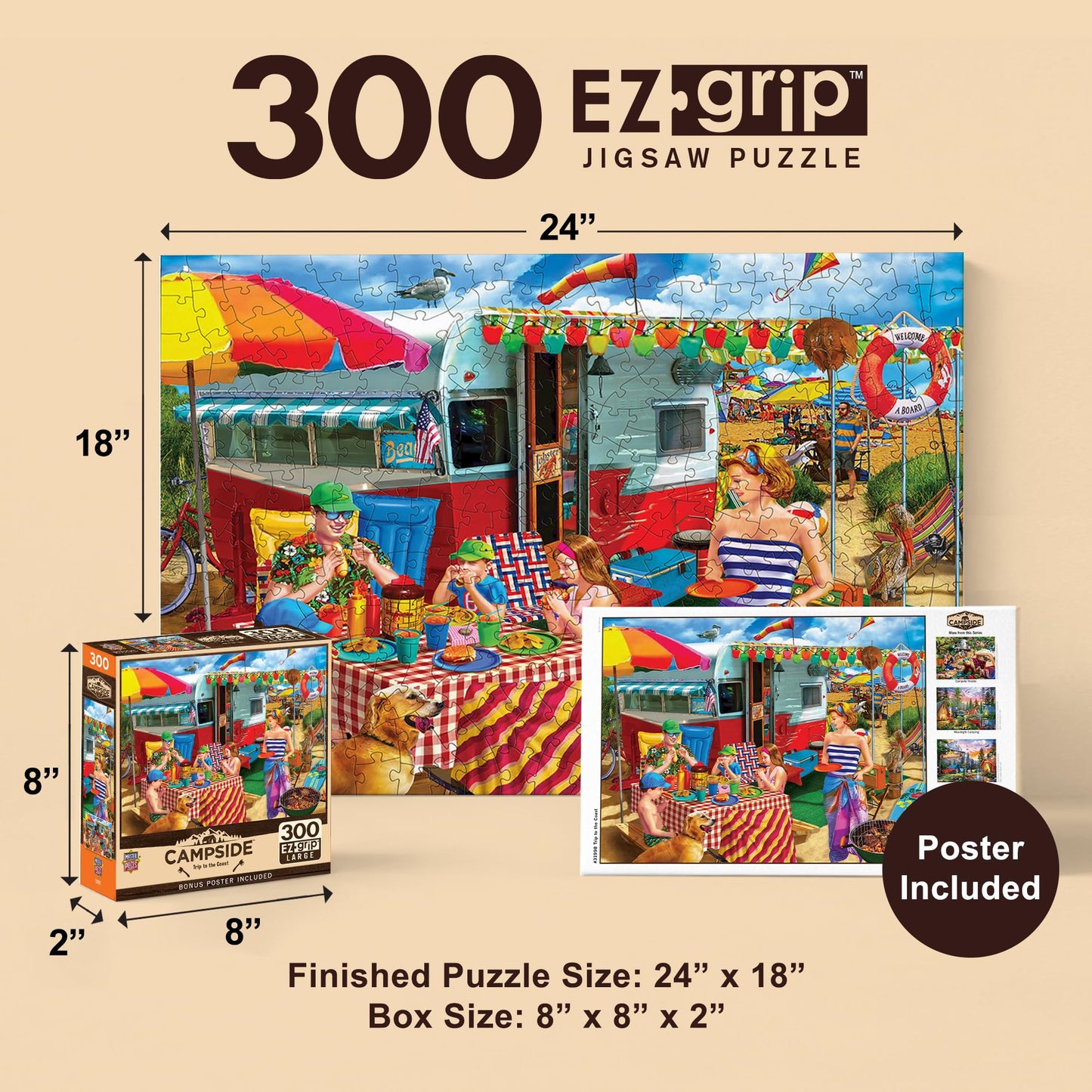 MasterPieces - 300 Piece Jigsaw Puzzle, Large EZ Grip Shapes, Trip to The Coast, Fun for Adults, Seniors, Family, Kids, Non-Glare Finish, 18"x24"