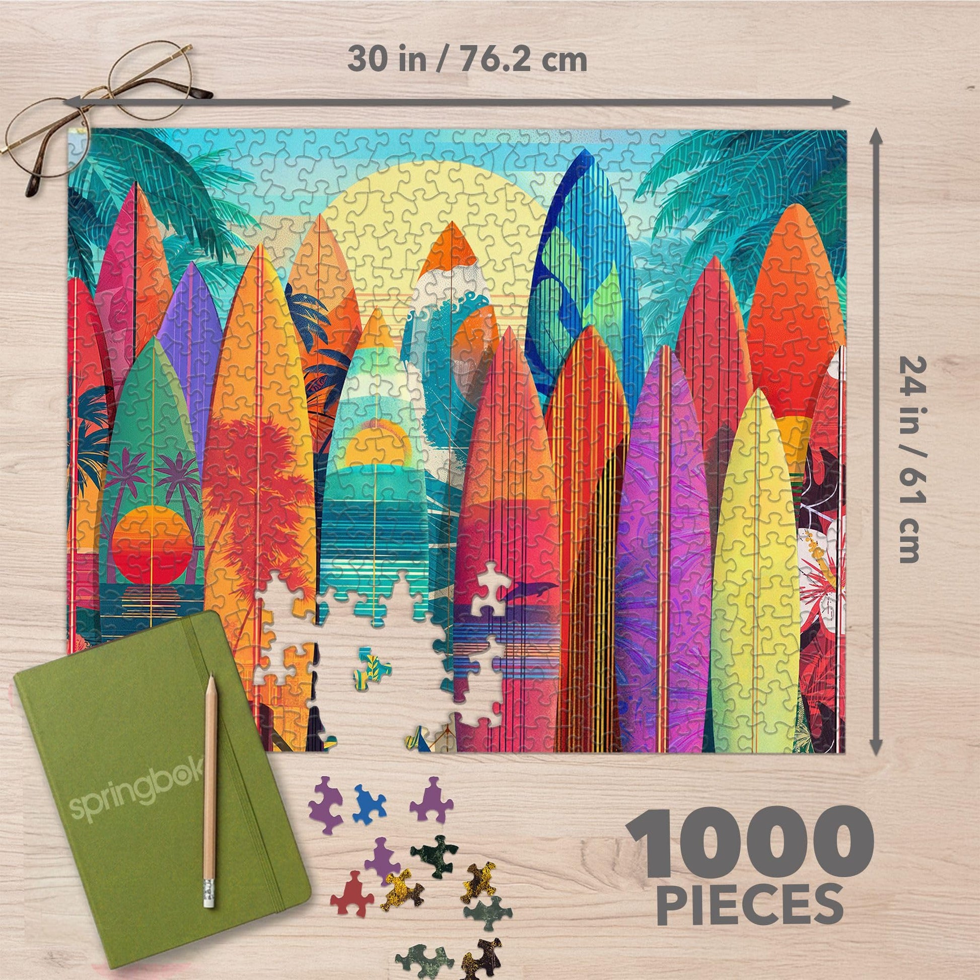 Springbok Sunset Surfboards 1000 Piece Jigsaw Puzzle for Adults - Colorful Tropical Surfboard Scene - Poster Included - Unique Cut Pieces - Made in