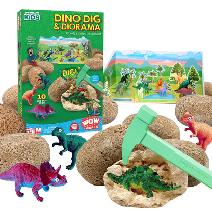 Wow in the World Dino DIG & Diorama | 10 Dig-Out Plaster Dinosaur Eggs, Prehistoric DIY Diorama, Companion Audio Content, Bonus Reusable Science Tool