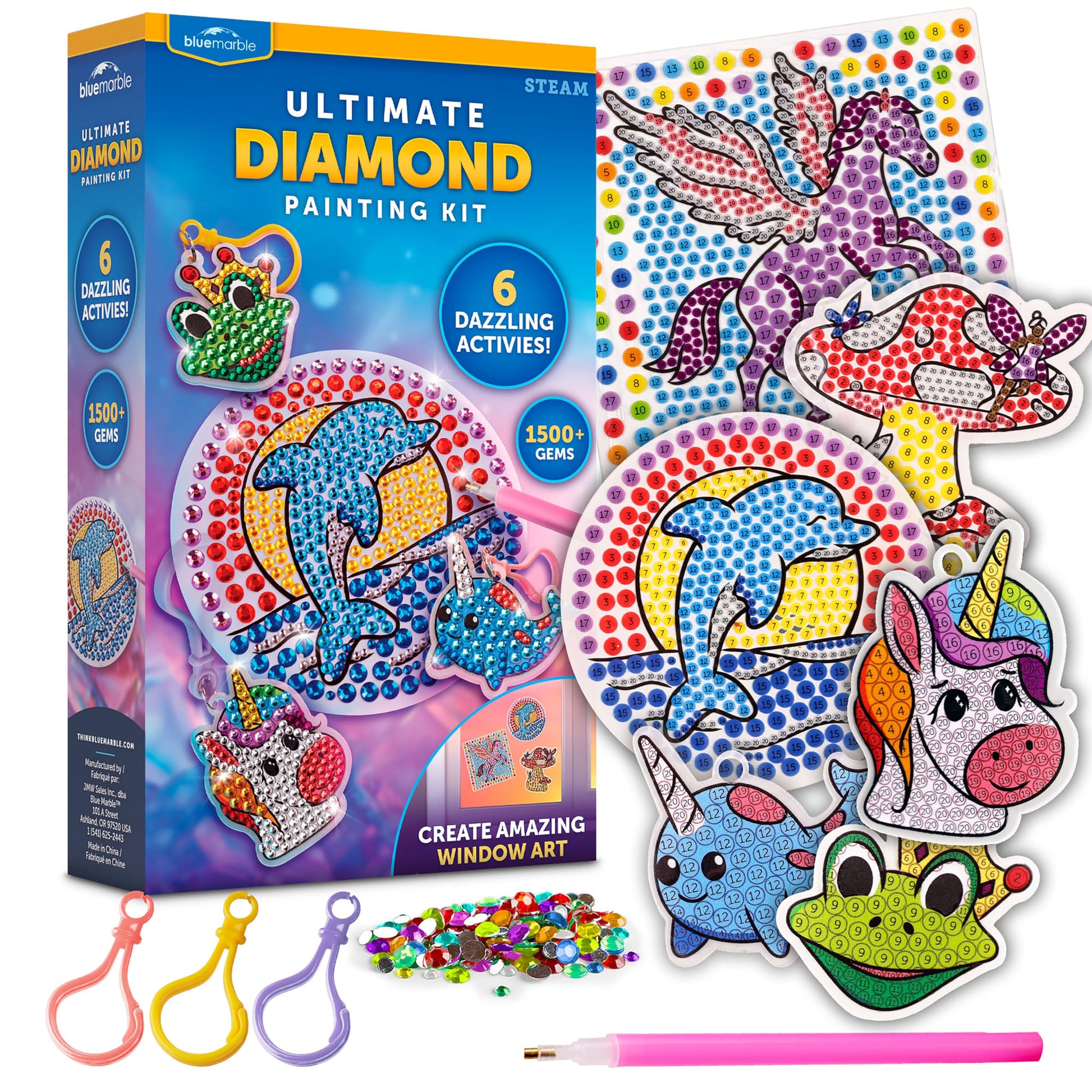 Blue Marble Ultimate Diamond Painting Kit for Kids - 6 Craft Activities with 1500+ Gems, Make 3 Window Art Pieces & 3 Keychains, Includes Applicator