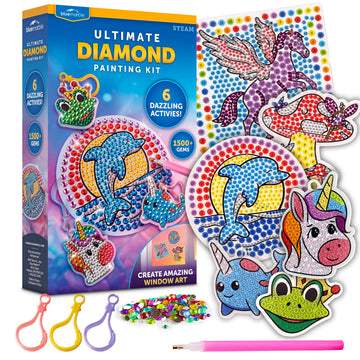 Blue Marble Ultimate Diamond Painting Kit for Kids - 6 Craft Activities with 1500+ Gems, Make 3 Window Art Pieces & 3 Keychains, Includes Applicator