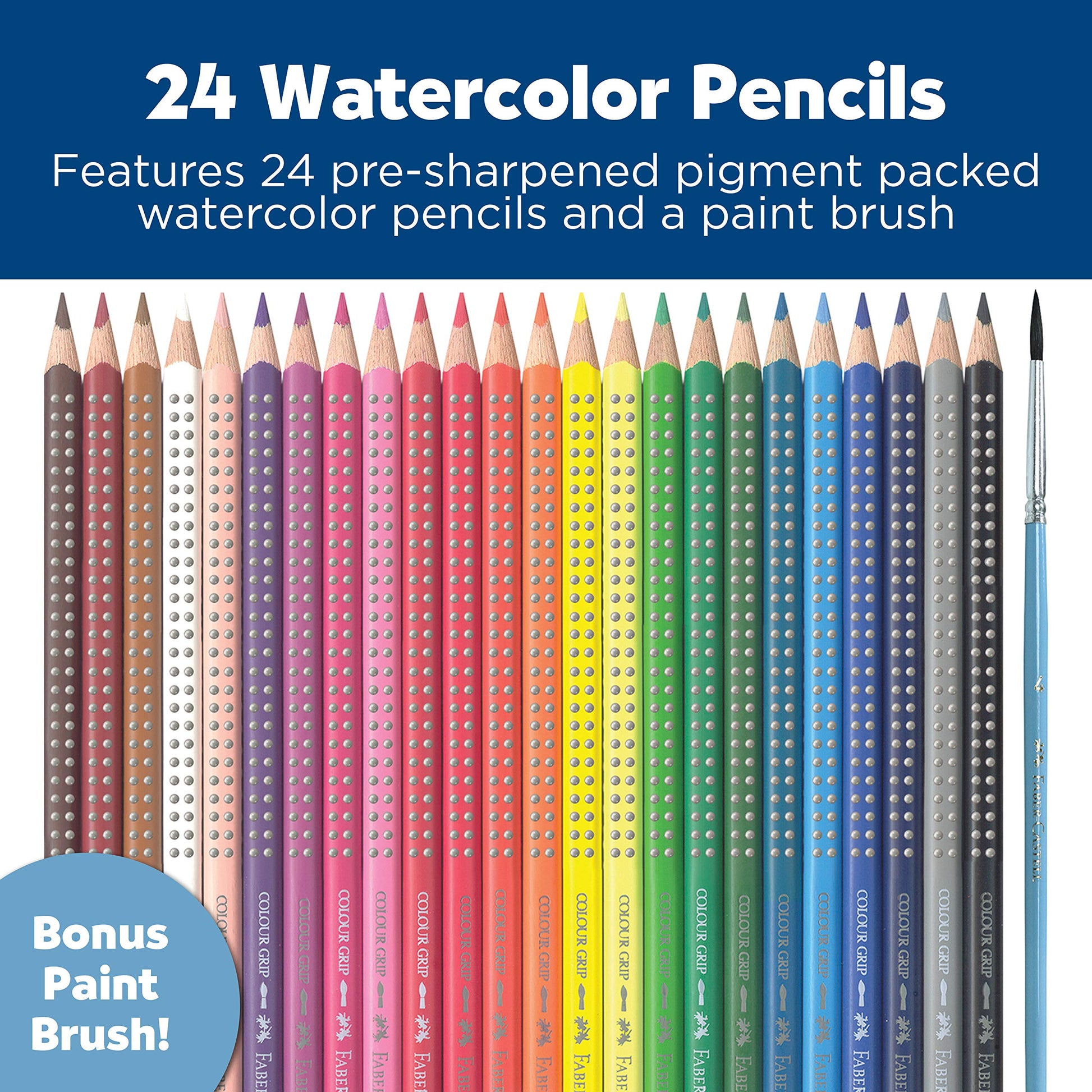Faber-Castell Grip Watercolor EcoPencils | 24 Watercolor Pencil Set with Brush | Draw, Blend & Paint | Kids Art Set, Art Supplies for Kids | Beginner
