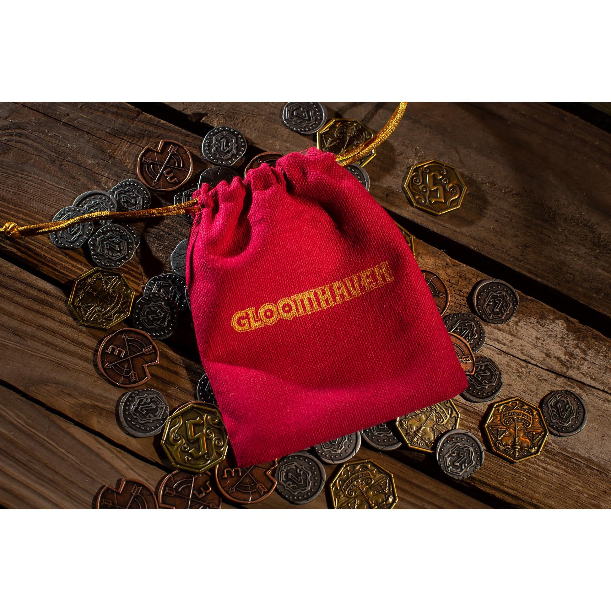 Cephalofair Games: Gloomhaven: Metal Coin Upgrade - 60 Coins & Drawstring Bag, Board Game Accessory, Metal Currency, Detailed Art